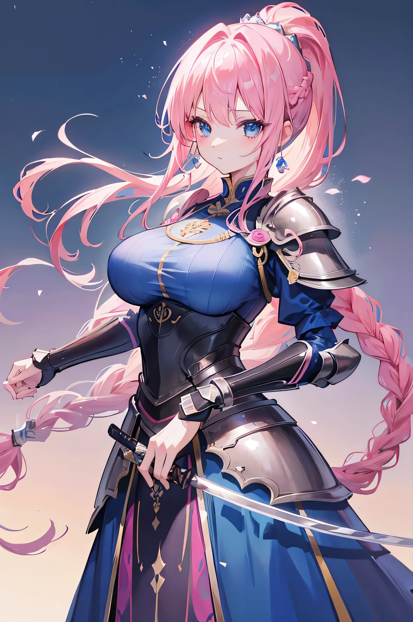 4k,High resolution,One Woman,Pink Hair,Long Ponytail,Braid,Blue Eyes,Big Breasts,princess,princess knight,knight armor,Full Armor,Princess's Tiara,Jewelry decoration,Long sword,Paladin's Shield,Medieval town