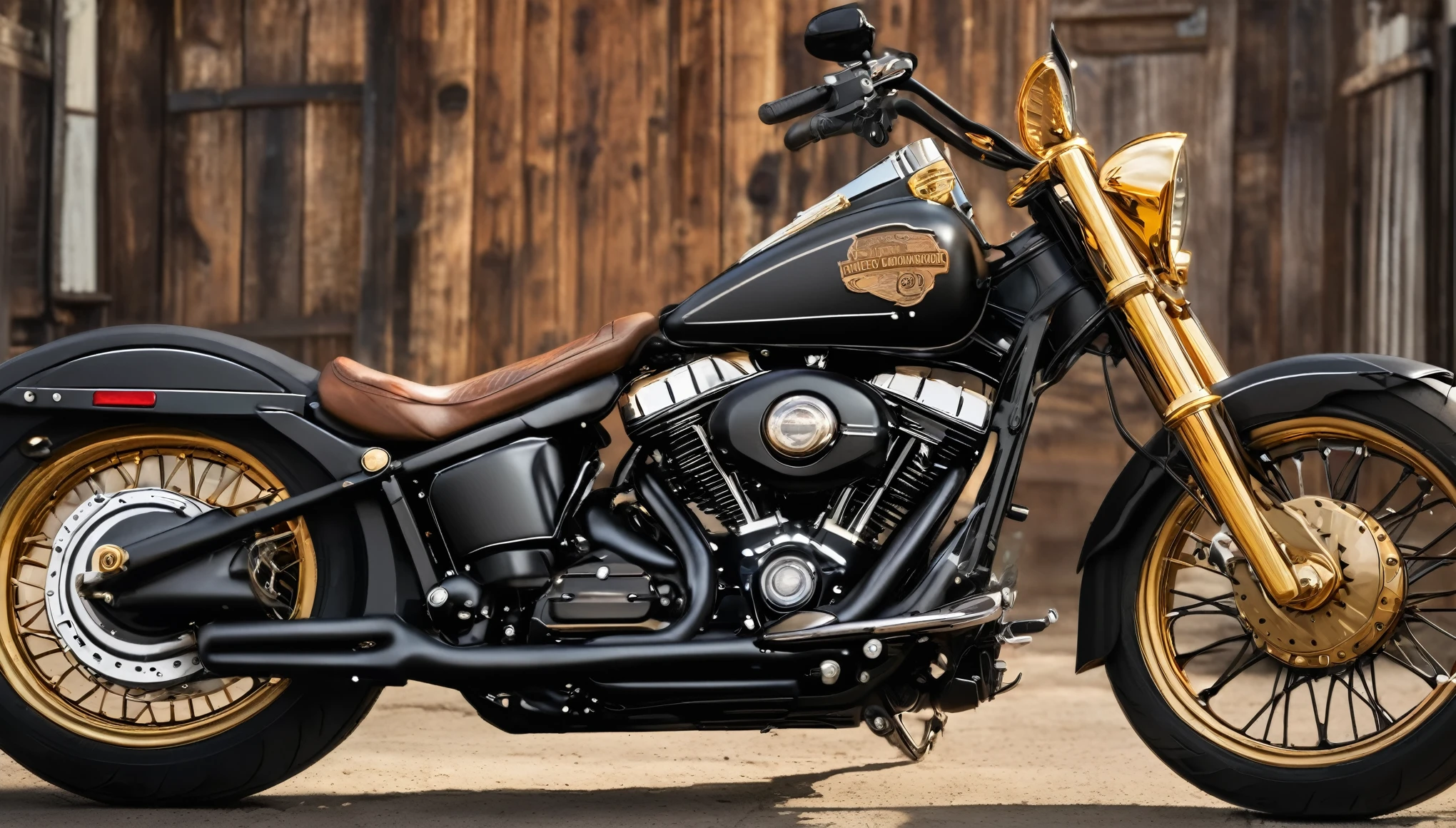 best quality, super fine, 16k, incredibly absurdres, extremely detailed, delicate and dynamic, Harley Davidson with gold-plated metal parts and matte black body, background old west frontier