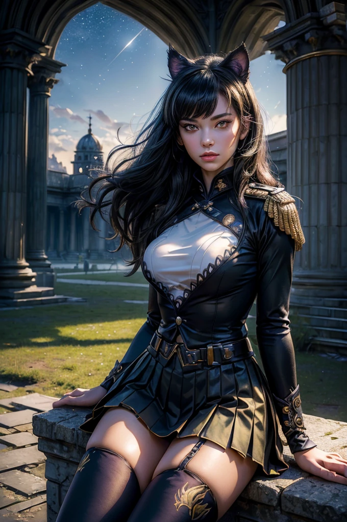 (masterpiece,stunning girlfriend, (standing:1.1), dynamic pose, heart shaped face, elegant face, beautiful face, highly detailed face, highly detailed skin, skin pores, subsurface scattering, realistic pupils, looking at viewer, full lips, detailed background, depth of field, atmospheric perspective, volumetric lighting, sharp focus, absurdres, realistic proportions, good anatomy, (realistic, hyperrealistic:1.4), 16k hdr, (masterpiece, best quality),  intricate details, 1girl,   blake_belladonna, gmuniform, pleated skirt, blue thighhighs,  black and gold uniform,  sitting outside, night, stars, moonlight, gothic temple, pillars, ruins, river, crowd, ((crowd in military uniforms))