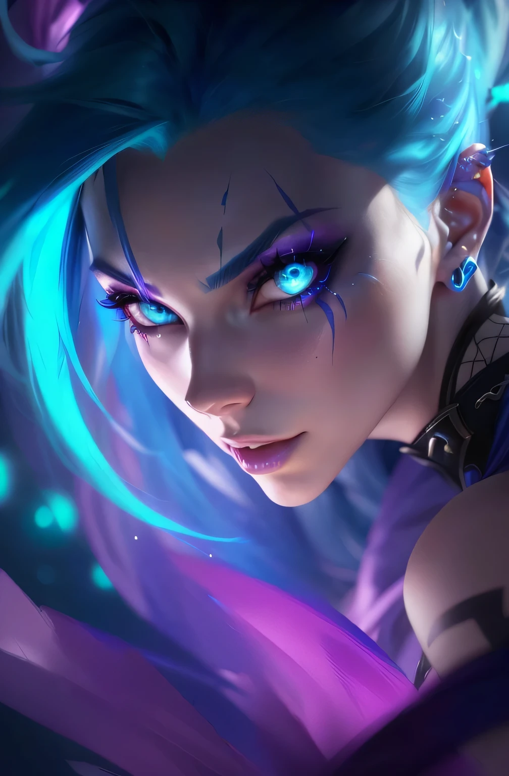 a close up of a woman with blue hair and blue eyes, portrait of jinx from arcane, arcane jinx, jinx from league of legends, jinx face, deviantart artstation cgscosiety, ig model | artgerm, jinx from arcane, 8k artgerm bokeh, extremely detailed artgerm, jinx expression, style artgerm
