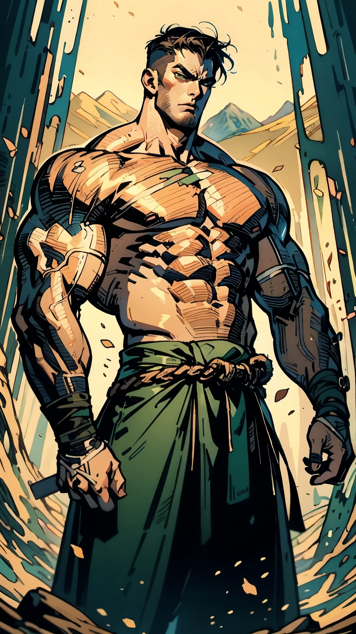 A man with a brown crew cut, upturned thick eyebrows, green eyes, a determined expression, long face, well-defined features, tall and muscular physique, a fantasy-style monk's robe, a torn collar revealing his sturdy chest muscles, bandages wrapped around his abdomen, kung fu pants, stands before a mystical mountain temple, this character embodies a finely crafted fantasy-style martial monk in anime style, exquisite and mature manga art style, high definition, best quality, highres, ultra-detailed, ultra-fine painting, extremely delicate, professional, perfect body proportions, golden ratio, anatomically correct, symmetrical face, extremely detailed eyes and face, high quality eyes, creativity, RAW photo, UHD, 32k, Natural light, cinematic lighting, masterpiece-anatomy-perfect, masterpiece:1.5