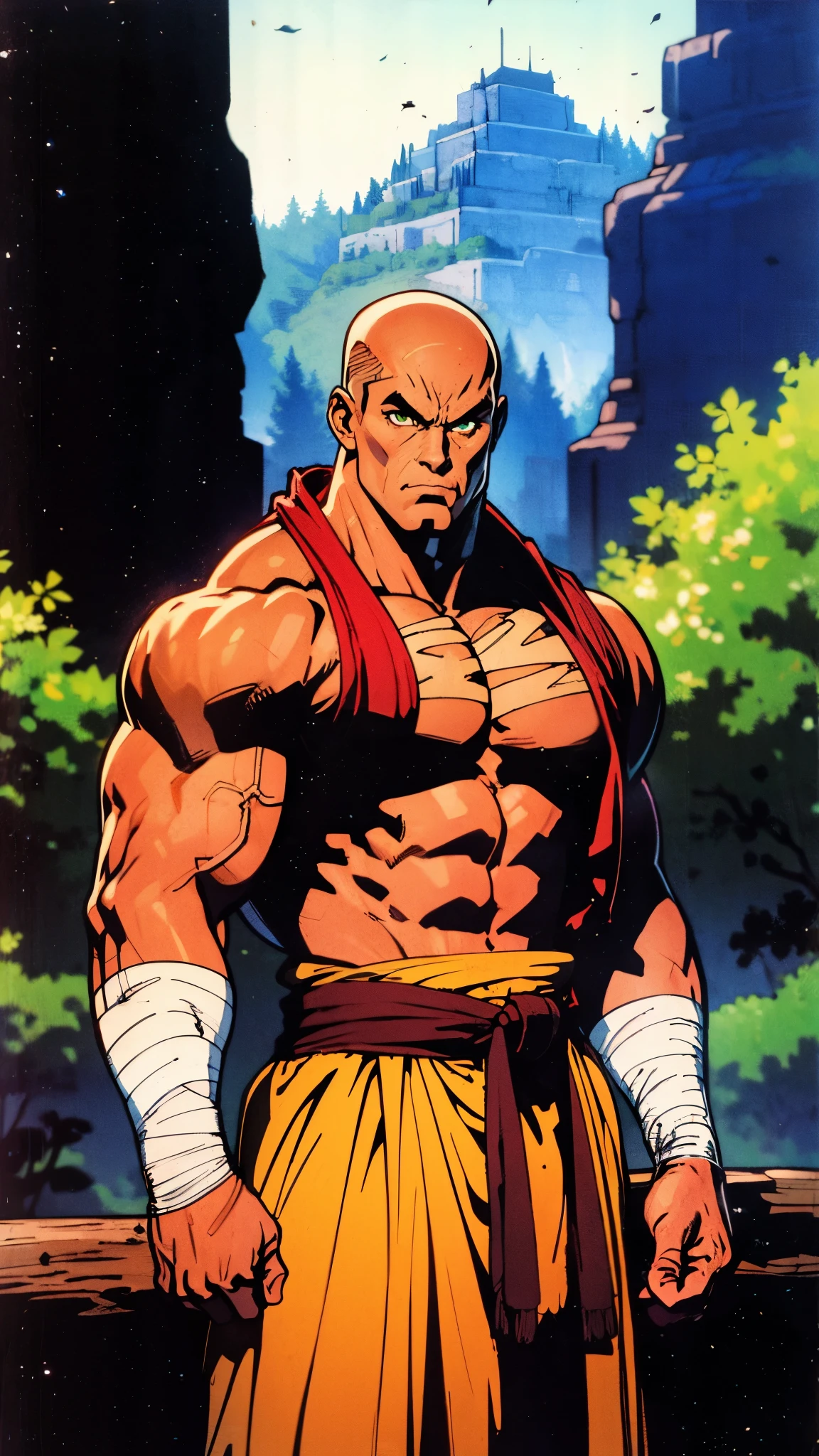 A man with a brown crew cut, upturned thick eyebrows, green eyes, a determined expression, long face, well-defined features, tall and muscular physique, a fantasy-style monk's robe, a torn collar revealing his sturdy chest muscles, bandages wrapped around his abdomen, kung fu pants, stands before a mystical mountain temple, this character embodies a finely crafted fantasy-style martial monk in anime style, exquisite and mature manga art style, high definition, best quality, highres, ultra-detailed, ultra-fine painting, extremely delicate, professional, perfect body proportions, golden ratio, anatomically correct, symmetrical face, extremely detailed eyes and face, high quality eyes, creativity, RAW photo, UHD, 32k, Natural light, cinematic lighting, masterpiece-anatomy-perfect, masterpiece:1.5