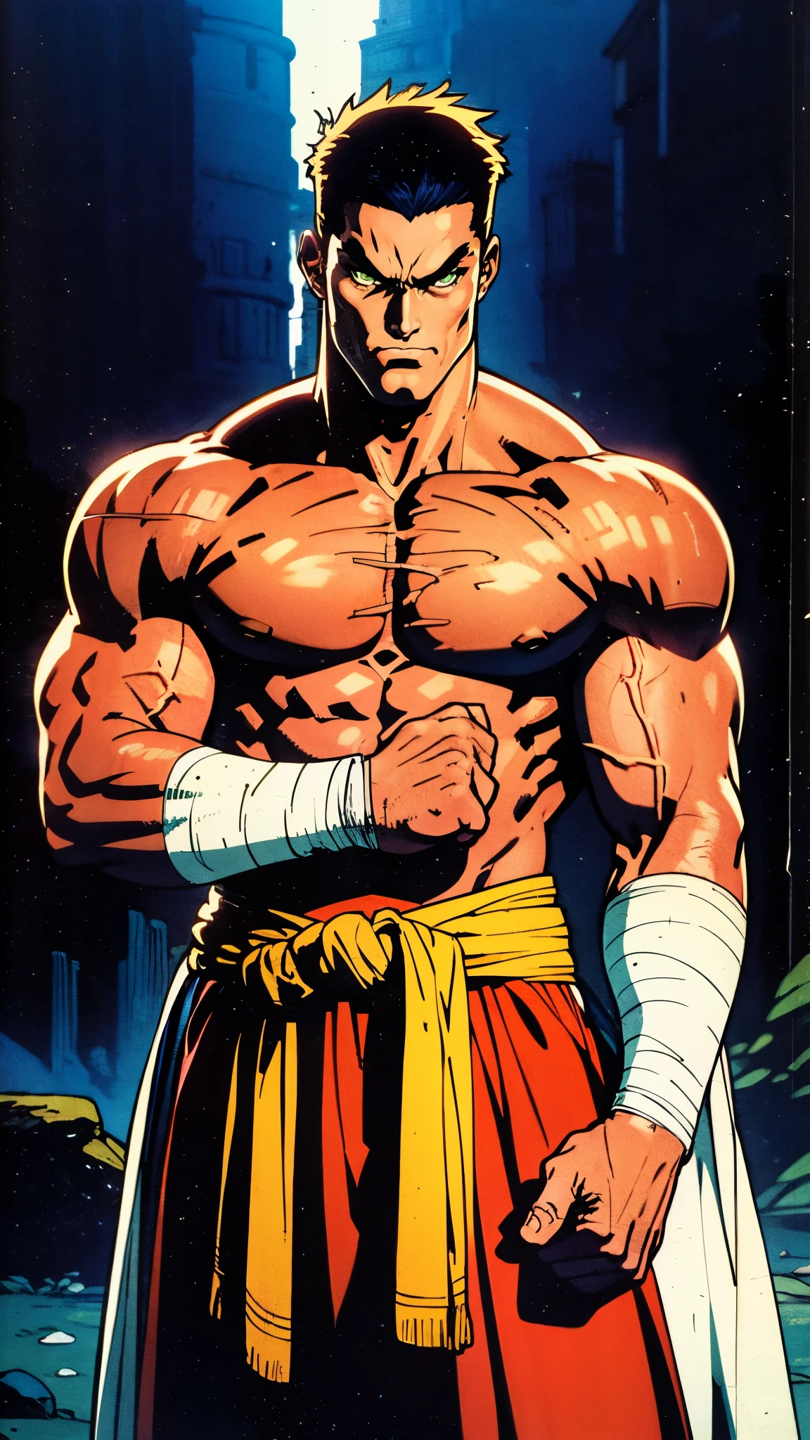 A man with a brown crew cut, upturned thick eyebrows, green eyes, a determined expression, long face, well-defined features, tall and muscular physique, a fantasy-style monk's robe, a torn collar revealing his sturdy chest muscles, bandages wrapped around his abdomen, kung fu pants, stands before a mystical mountain temple, this character embodies a finely crafted fantasy-style martial monk in anime style, exquisite and mature manga art style, high definition, best quality, highres, ultra-detailed, ultra-fine painting, extremely delicate, professional, perfect body proportions, golden ratio, anatomically correct, symmetrical face, extremely detailed eyes and face, high quality eyes, creativity, RAW photo, UHD, 32k, Natural light, cinematic lighting, masterpiece-anatomy-perfect, masterpiece:1.5