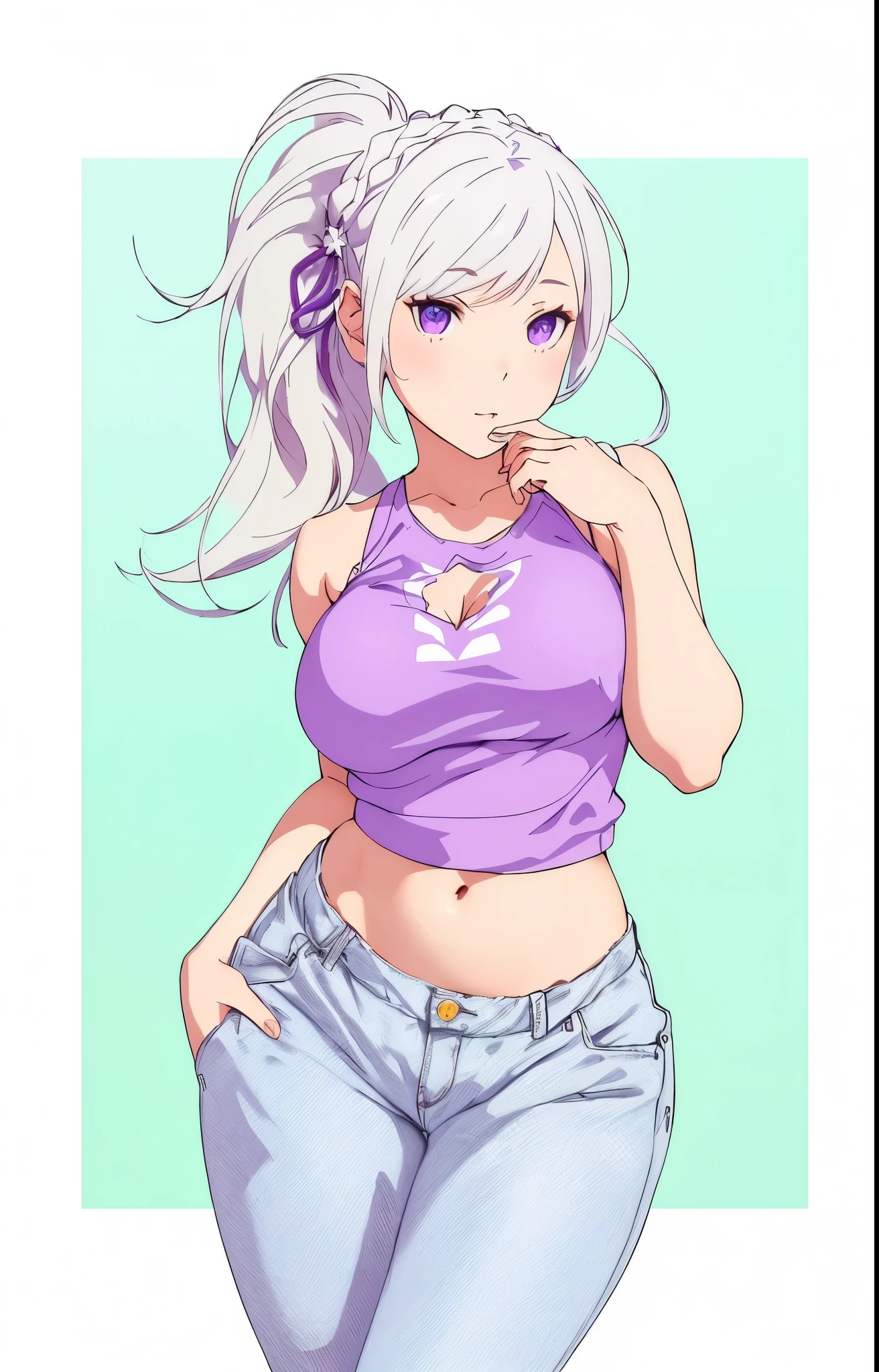 Emilia re:zero, purple eyes, Emilia, crown braid, x hair ornament, flower hair ornament, white hair, long hair, medium breasts, girl in jeans and a purple top, lola bunny fanart, commission for high res, thicc, oc commission, fullbody commission for, full body portrait of a short!, violet tight tanktop, cel - shaded art style, casual pose, realistic shaded perfect body, , high quality fanart, 🤤 girl portrait, wearing a tanktop