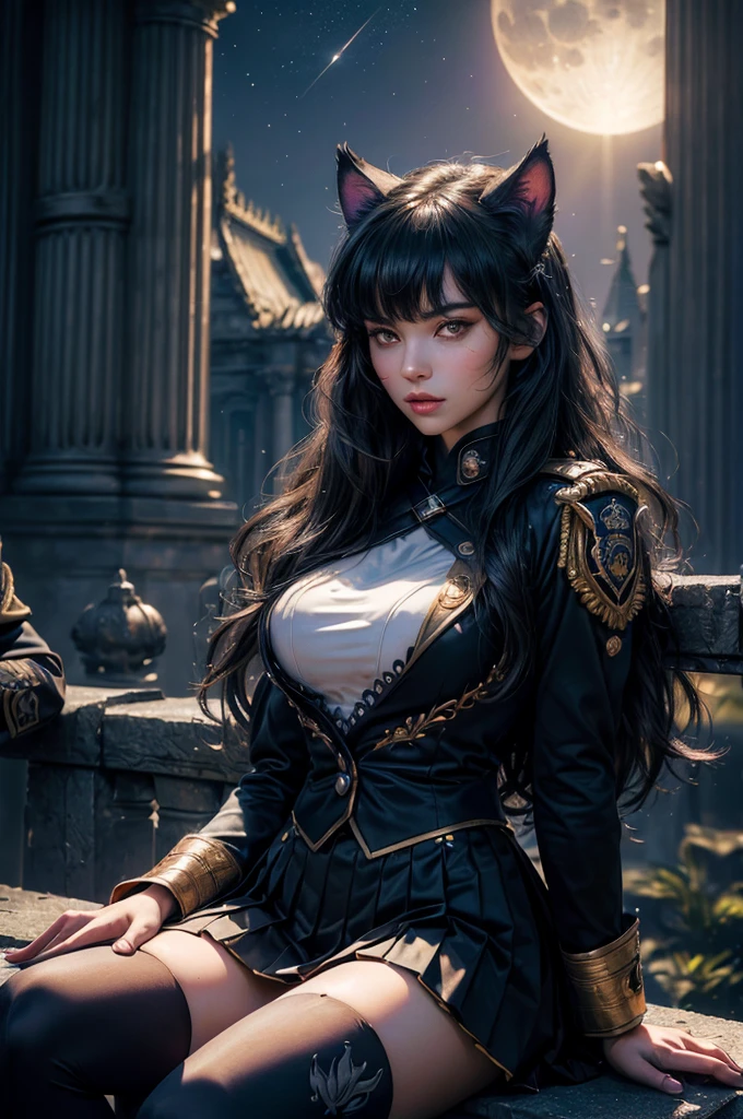 (masterpiece,stunning girlfriend, (standing:1.1), dynamic pose, heart shaped face, elegant face, beautiful face, highly detailed face, highly detailed skin, skin pores, subsurface scattering, realistic pupils, looking at viewer, full lips, detailed background, depth of field, atmospheric perspective, volumetric lighting, sharp focus, absurdres, realistic proportions, good anatomy, (realistic, hyperrealistic:1.4), 16k hdr, (masterpiece, best quality), intricate details, 1girl, blake_belladonna, gmuniform, pleated skirt, blue thighhighs, black and gold uniform, sitting outside, night, stars, moonlight, gothic temple, pillars, ruins, river, crowd, ((crowd in military uniforms))