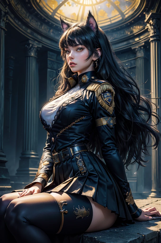 (masterpiece,stunning girlfriend, (standing:1.1), dynamic pose, heart shaped face, elegant face, beautiful face, highly detailed face, highly detailed skin, skin pores, subsurface scattering, realistic pupils, looking at viewer, full lips, detailed background, depth of field, atmospheric perspective, volumetric lighting, sharp focus, absurdres, realistic proportions, good anatomy, (realistic, hyperrealistic:1.4), 16k hdr, (masterpiece, best quality), intricate details, 1girl, blake_belladonna, gmuniform, pleated skirt, blue thighhighs, black and gold uniform, sitting outside, night, stars, moonlight, gothic temple, pillars, ruins, river, crowd, ((crowd in military uniforms))