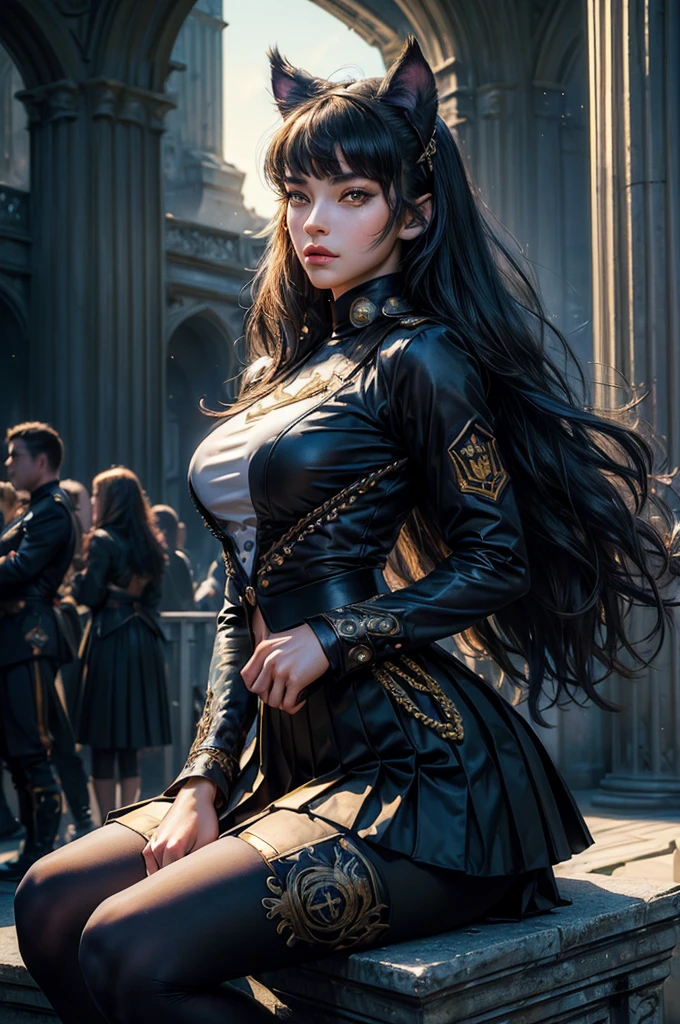 (masterpiece,stunning girlfriend, (standing:1.1), dynamic pose, heart shaped face, elegant face, beautiful face, highly detailed face, highly detailed skin, skin pores, subsurface scattering, realistic pupils, looking at viewer, full lips, detailed background, depth of field, atmospheric perspective, volumetric lighting, sharp focus, absurdres, realistic proportions, good anatomy, (realistic, hyperrealistic:1.4), 16k hdr, (masterpiece, best quality), intricate details, 1girl, blake_belladonna, gmuniform, pleated skirt, blue thighhighs, black and gold uniform, sitting outside, night, stars, moonlight, gothic temple, pillars, ruins, river, crowd, ((crowd in military uniforms))