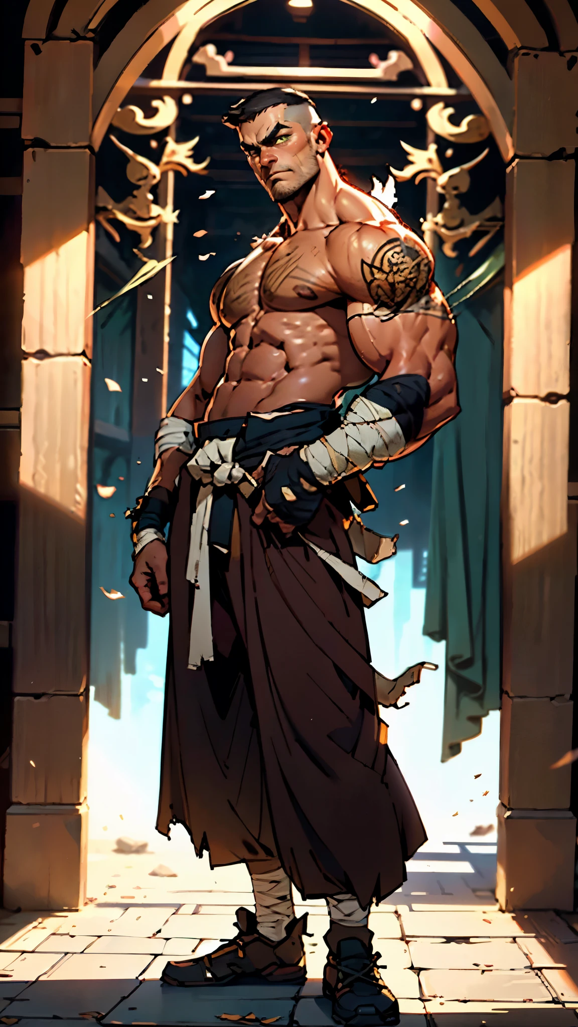 A man with a brown crew cut, upturned thick eyebrows, green eyes, a determined expression, long face, well-defined features, tall and muscular physique, a fantasy-style monk's robe, a torn collar revealing his sturdy chest muscles, bandages wrapped around his abdomen, kung fu pants, stands before a mystical mountain temple, this character embodies a finely crafted fantasy-style martial monk in anime style, exquisite and mature manga art style, high definition, best quality, highres, ultra-detailed, ultra-fine painting, extremely delicate, professional, perfect body proportions, golden ratio, anatomically correct, symmetrical face, extremely detailed eyes and face, high quality eyes, creativity, RAW photo, UHD, 32k, Natural light, cinematic lighting, masterpiece-anatomy-perfect, masterpiece:1.5