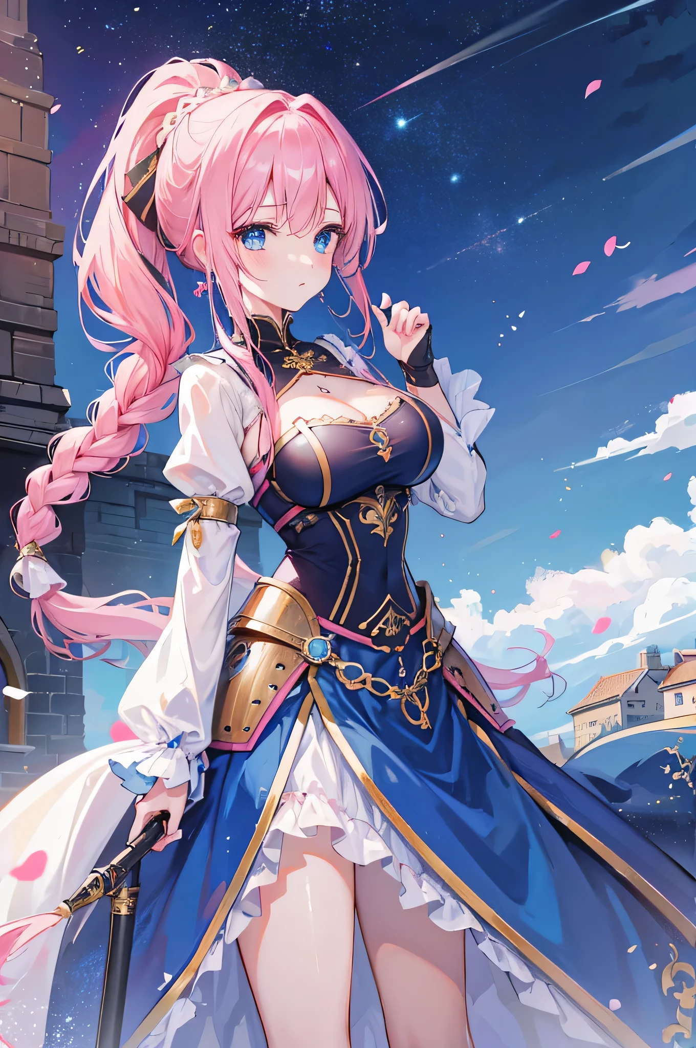 4k,High resolution,One Woman,Pink Hair,Long Ponytail,Braid,Blue Eyes,Big Breasts,princess,princess knight,knight armor,Full Armor,Princess&#39;s Tiara,Jewelry decoration,Long sword,Medieval town