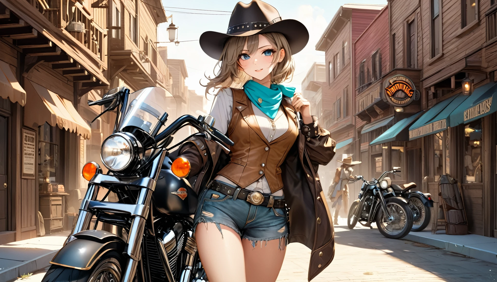 best quality, super fine, 16k, incredibly absurdres, extremely detailed, delicate and dynamic, Harley Davidson with gold-plated metal parts and matte black body, Harley Davidson and beautiful woman, cool, captivating expression, perfect proportions, western costume, light brown western hat, light brown western long boots, light brown leather vest, distressed jeans shorts, turquoise accessories, background old west frontier