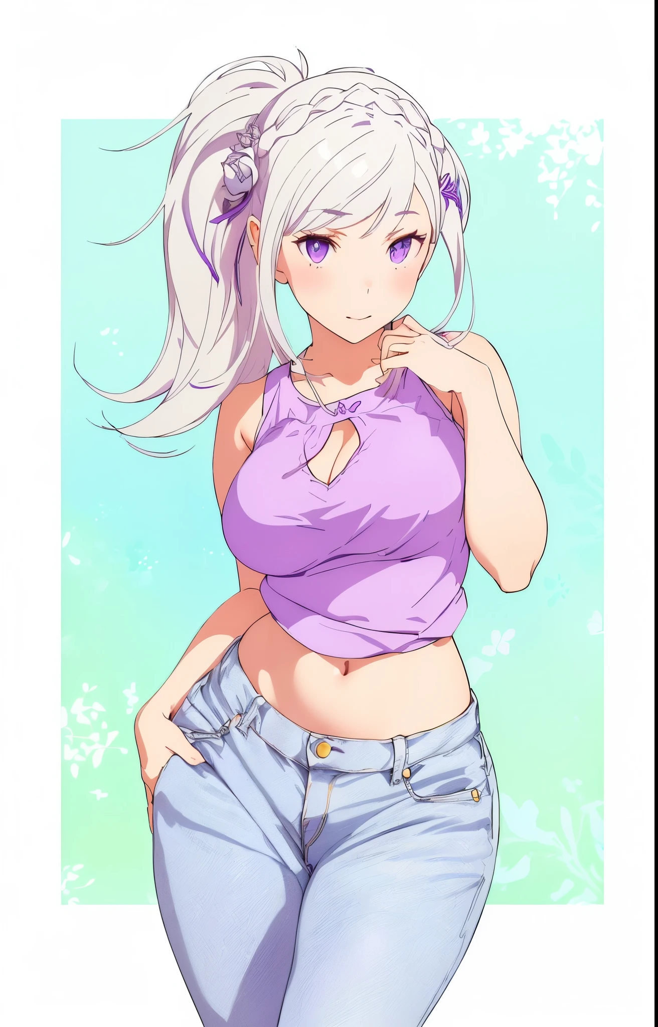 Emilia re:zero, purple eyes, Emilia, crown braid, x hair ornament, flower hair ornament, white hair, long hair, medium breasts, girl in jeans and a purple top, lola bunny fanart, commission for high res, thicc, oc commission, fullbody commission for, full body portrait of a short!, violet tight tanktop, cel - shaded art style, casual pose, realistic shaded perfect body, , high quality fanart, 🤤 girl portrait, wearing a tanktop