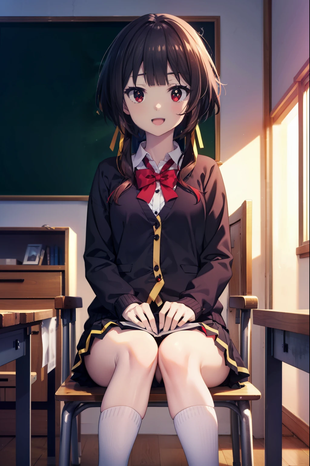 konosubaMegumin, Megumin, short hair, Black Hair, (Red eyes:1.3), short hair with long locks,happy smile, smile, Open your mouth,
 uniform,Black cardigan,White Thailand,Red blazer,Red pleated skirt,White knee-high socks,Black Loafers,Sitting in a chair,There is a textbook on the desk,So that the whole body goes into the illustration,
Destroy Outdoor, School　classroom,
壊す looking at viewer, Systemic
break (masterpiece:1.2), highest quality, High resolution, unity 8k wallpaper, (shape:0.8), (Fine and beautiful eyes:1.6), Highly detailed face, Perfect lighting, Highly detailed CG, (Perfect hands, Perfect Anatomy),