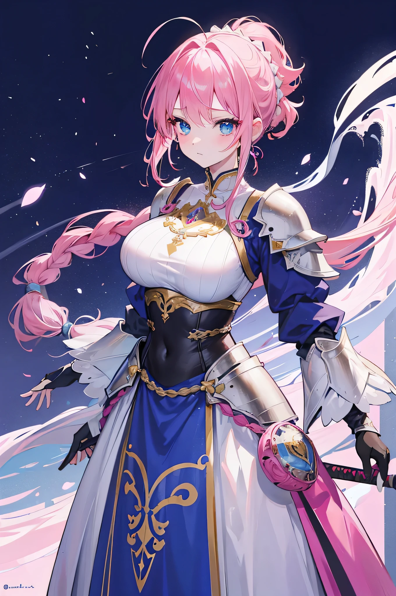 4k,High resolution,One Woman,Pink Hair,Long Ponytail,Braid,Blue Eyes,Big Breasts,princess,princess knight,princess dress,knight armor,Full Armor,Princess's Tiara,Jewelry decoration,Long sword,Medieval town
