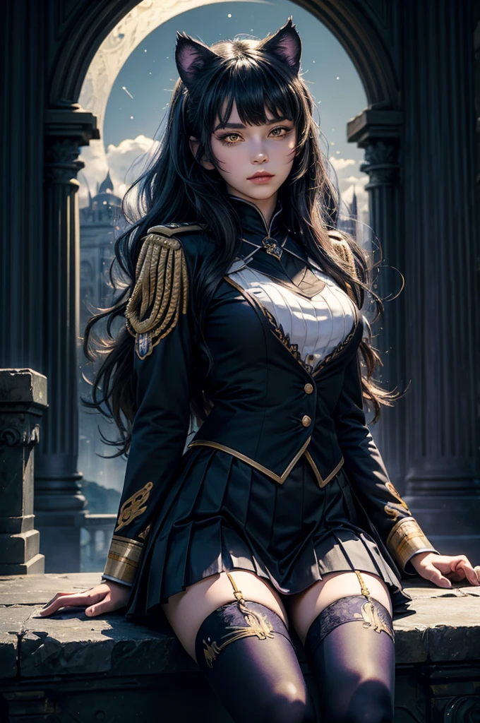  (masterpiece, best quality),  intricate details, 1girl,   blake_belladonna, gmuniform, pleated skirt, blue thighhighs,  black and gold uniform,  sitting outside, night, stars, moonlight, gothic temple, pillars, ruins, river, crowd, ((crowd in military uniforms))