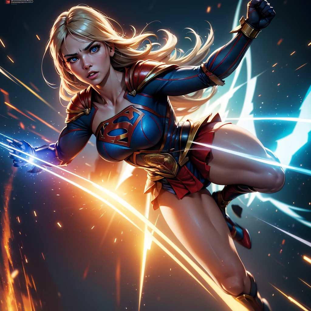 Warrior Supergirl. battle pose. intricate, hyper-maximalist, elegant, hyper realistic, epic high details, full details, high resolution, dynamic slight blue lighting, rendering, realism, Photo-realistic, ultra realistic, octane render, unreal engine, hyper detailed, volumetric lighting, 8k reality, cinematic
