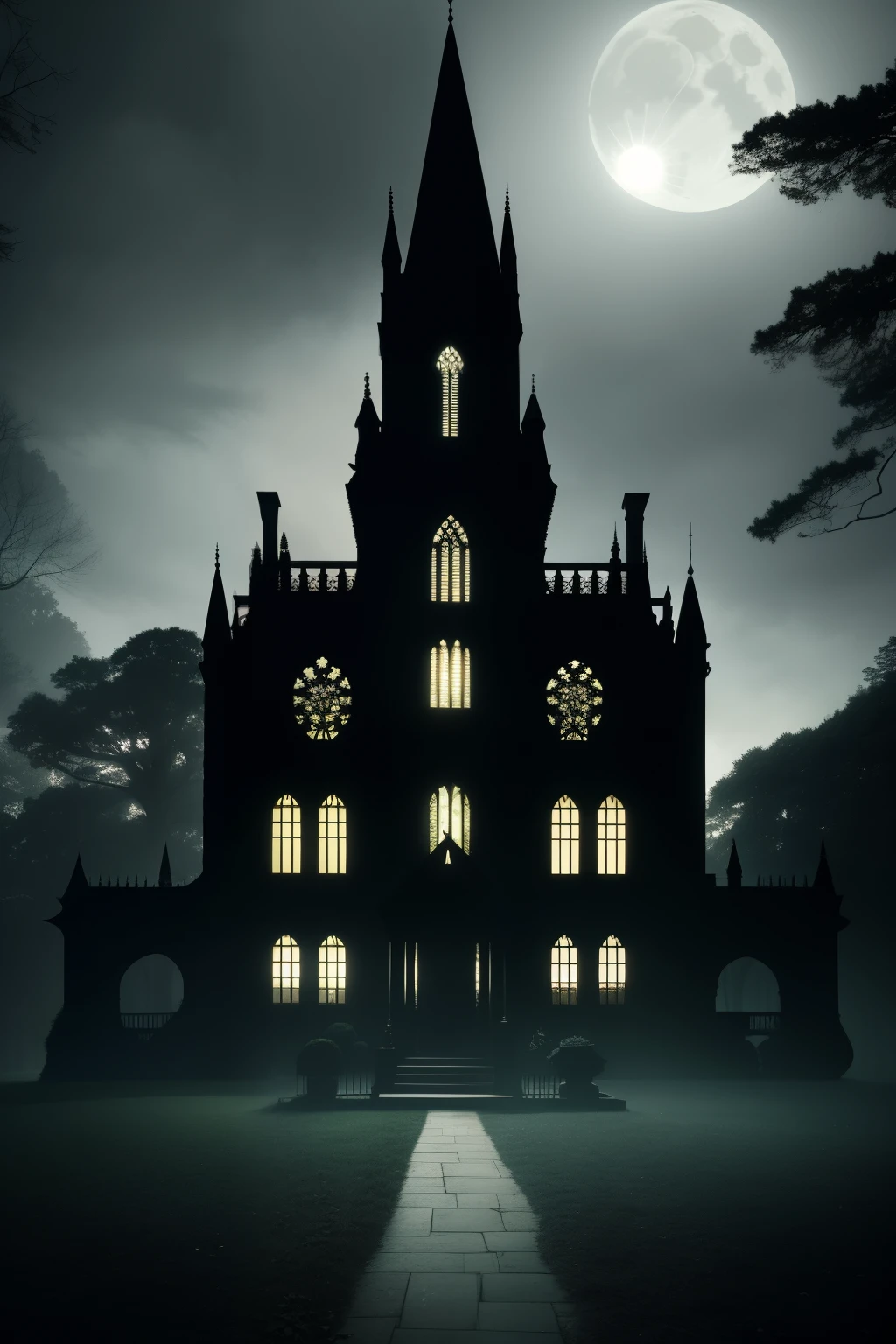 In the heart of the dense forest, a grand and ominous mansion emerged, its towering silhouette ensconced by the embrace of colossal leafy trees. The forest's canopy above shimmered with a pale, luminous moon, casting elongated, eerie shadows on the ground. Morose bats winged their way against the inky sky, their melancholic fluttering only adding to the troubling ambiance. The house's gothic architecture stood out in stark contrast to the natural serenity of the forest, its menacing allure amplified by the tranquil yet unsettling nightly scene.