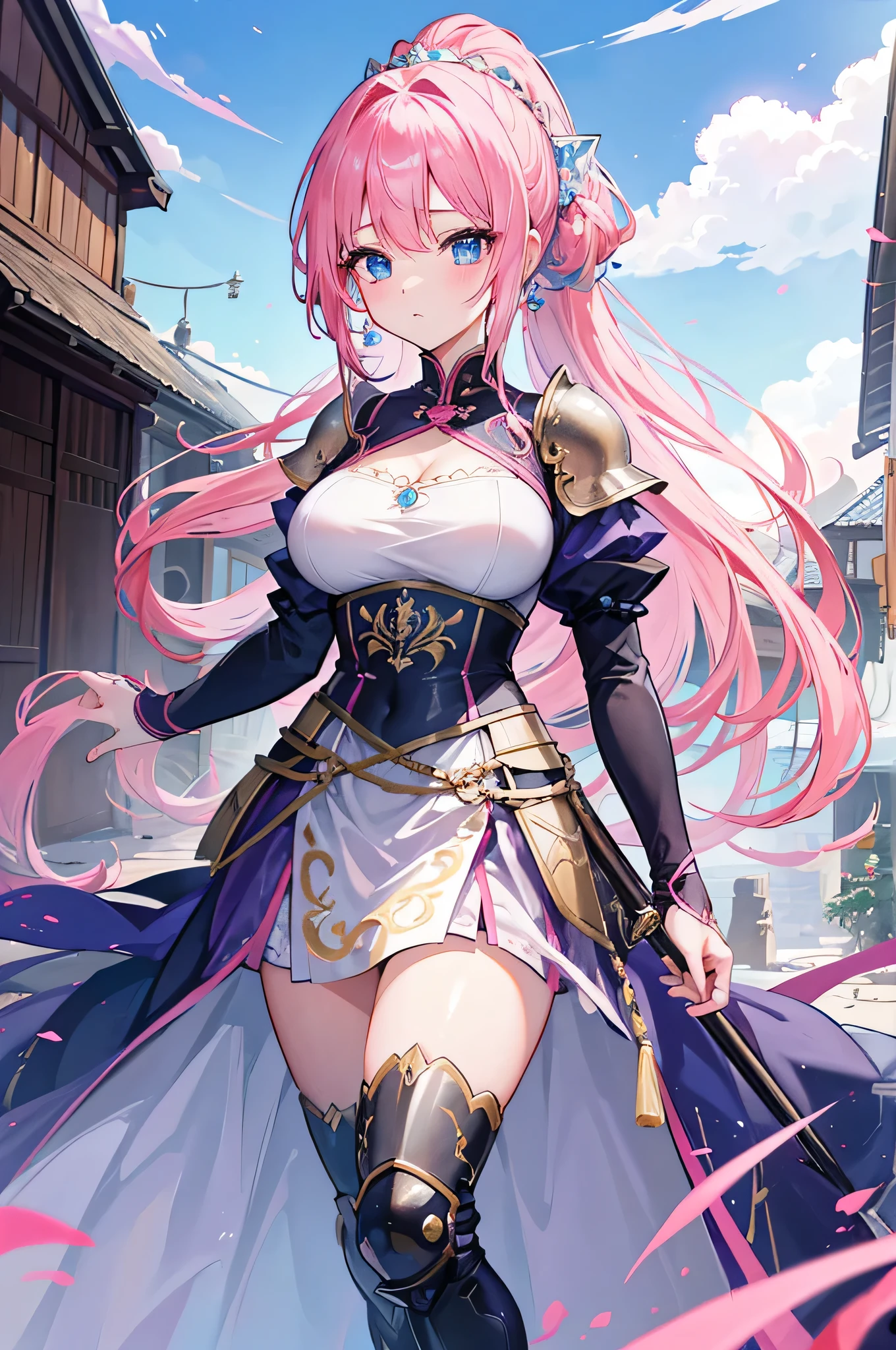 4k,High resolution,One Woman,Pink Hair,Long Ponytail,Braid,Blue Eyes,Big Breasts,princess,princess knight,princess dress,knight armor,Full Armor,Princess&#39;s Tiara,Jewelry decoration,Long sword,Medieval town