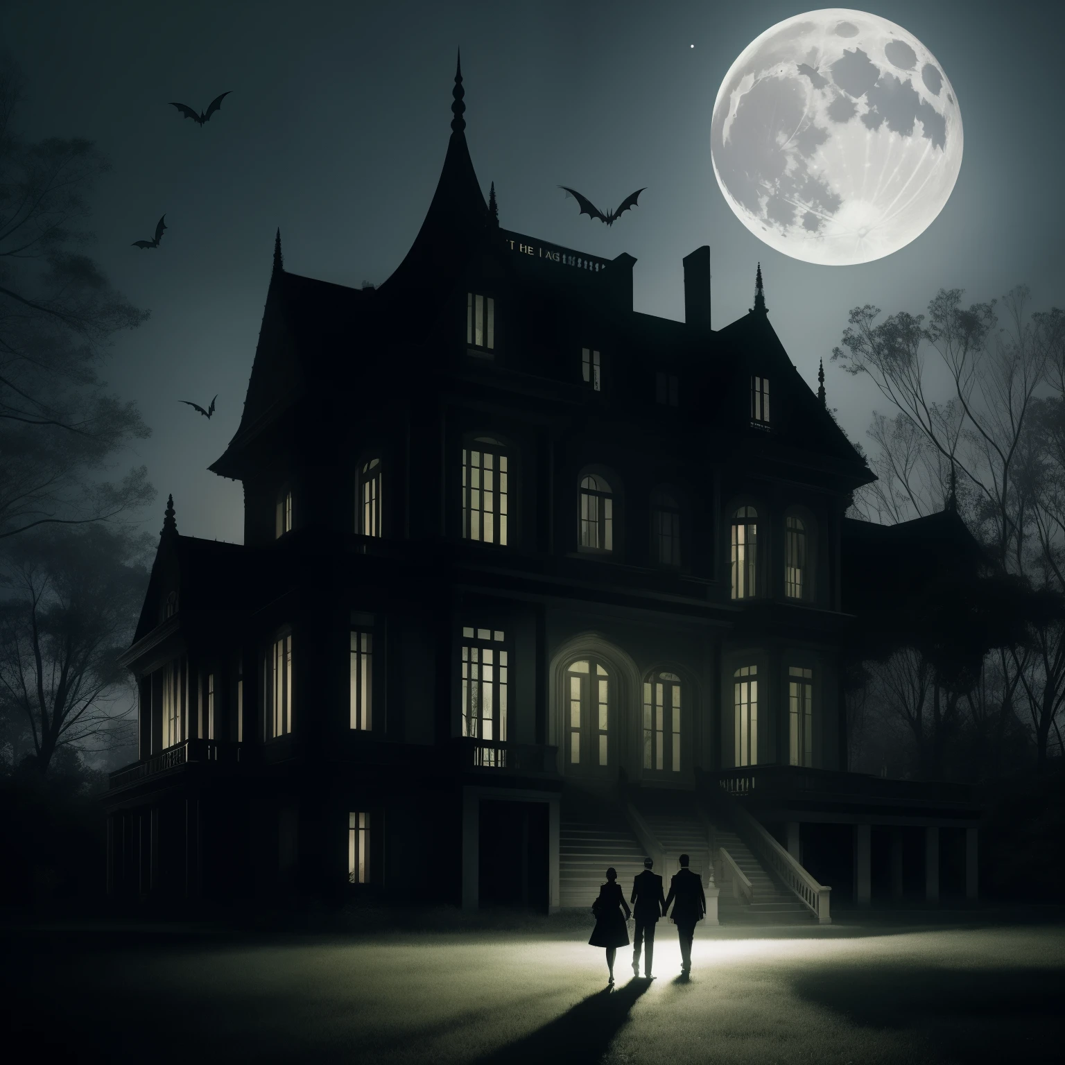 In the heart of the dense forest, a large, opulent and dark mansion emerges, its grandeur contrasting with the surrounding leafy trees and the tranquil moonlit night. The silvery glow of the moon casts an ethereal light over the mansion, revealing its intricate details. The sky above is filled with the fluttering wings of bats, their silhouettes dancing gracefully in the night. As you approach the abandoned and old house, a feeling of unease creeps in, its creaking doors and broken windows telling tales of a past long gone. The Dutch angle adds to the unsettling atmosphere, as if the house is leaning in towards you, inviting you to