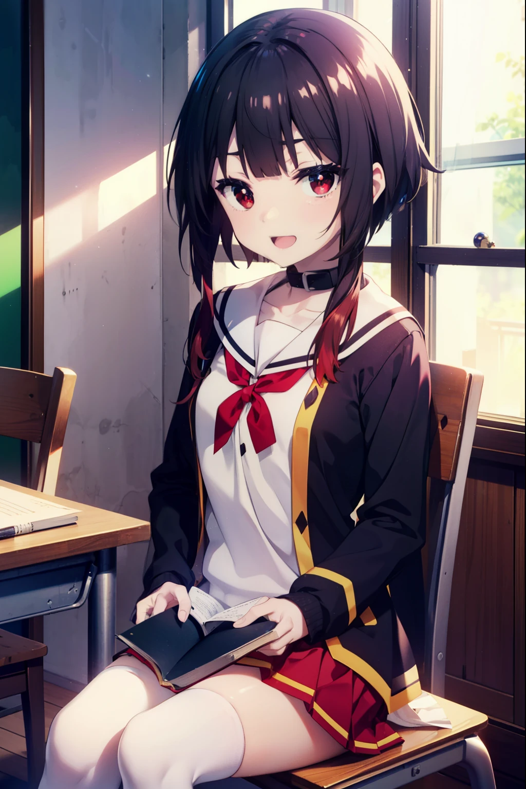 konosubaMegumin, Megumin, short hair, Black Hair, (Red eyes:1.3), short hair with long locks,happy smile, smile, Open your mouth,
White sailor suit,Black cardigan,White Thailand,Red blazer,Red pleated skirt,White knee-high socks,Black Loafers,Sitting in a chair,There is a textbook on the desk,So that the whole body goes into the illustration,
Destroy Outdoor, School classroom,
壊す looking at viewer, Systemic
break (masterpiece:1.2), highest quality, High resolution, unity 8k wallpaper, (shape:0.8), (Fine and beautiful eyes:1.6), Highly detailed face, Perfect lighting, Highly detailed CG, (Perfect hands, Perfect Anatomy),