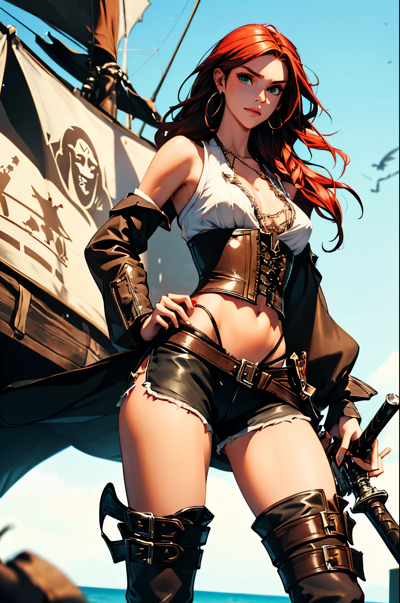 (masterpiece), best quality, expressive eyes, perfect face, (pirate ship background), (standing), (smirk), (closeup view), (1girl,freckled skin,glossy skin, red hair,green eyes, hourglass figure, thin body, skinny body, petite_body, medium breasts, thick thighs, long fingernails, hoop earrings, white front lace blouse, long sleeve, loose fit, black leather corset, brown leather shorts, brown boots, sheathed cutlass sword, flintlock pistol in holster, hoop earrings, miscellaneous jewelry) thong straps
