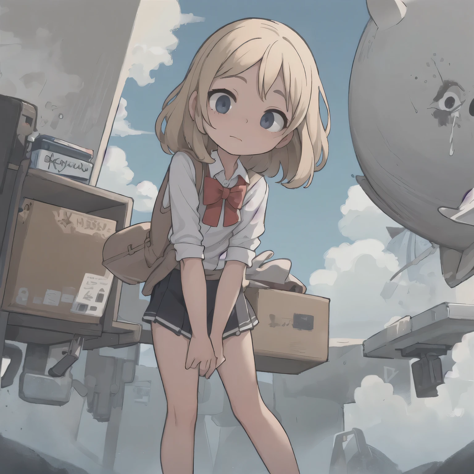 masterpiece, best quality, sky,
1girl, from below, leaning forward, skirt, hand between legs, expressionless,