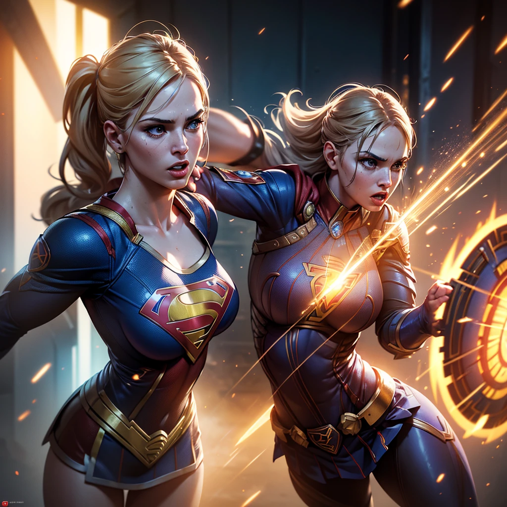 Warrior Supergirl. battle pose. intricate, hyper-maximalist, elegant, hyper realistic, epic high details, full details, high resolution, dynamic slight blue lighting, rendering, realism, Photo-realistic, ultra realistic, octane render, unreal engine, hyper detailed, volumetric lighting, 8k reality, cinematic, (huge breasts:1.2),
