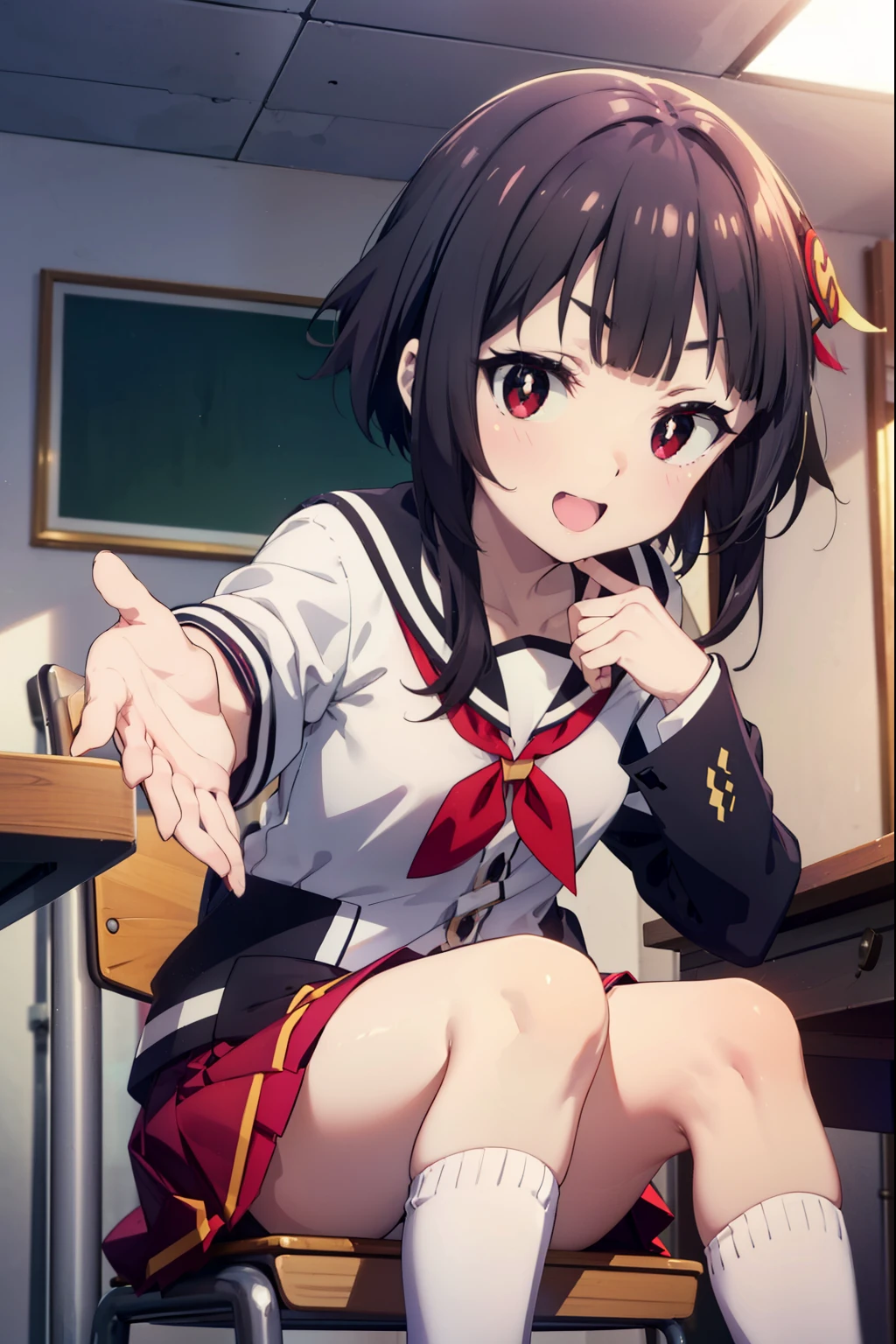 konosubaMegumin, Megumin, short hair, Black Hair, (Red eyes:1.3), short hair with long locks,happy smile, smile, Open your mouth,
White sailor suit,Black cardigan,White Thailand,Red blazer,Red pleated skirt,White knee-high socks,Black Loafers,Sitting in a chair,There is a textbook on the desk,So that the whole body goes into the illustration,
Destroy Outdoor, School　classroom,crowd, people々々,
壊す looking at viewer, Systemic
break (masterpiece:1.2), highest quality, High resolution, unity 8k wallpaper, (shape:0.8), (Fine and beautiful eyes:1.6), Highly detailed face, Perfect lighting, Highly detailed CG, (Perfect hands, Perfect Anatomy),