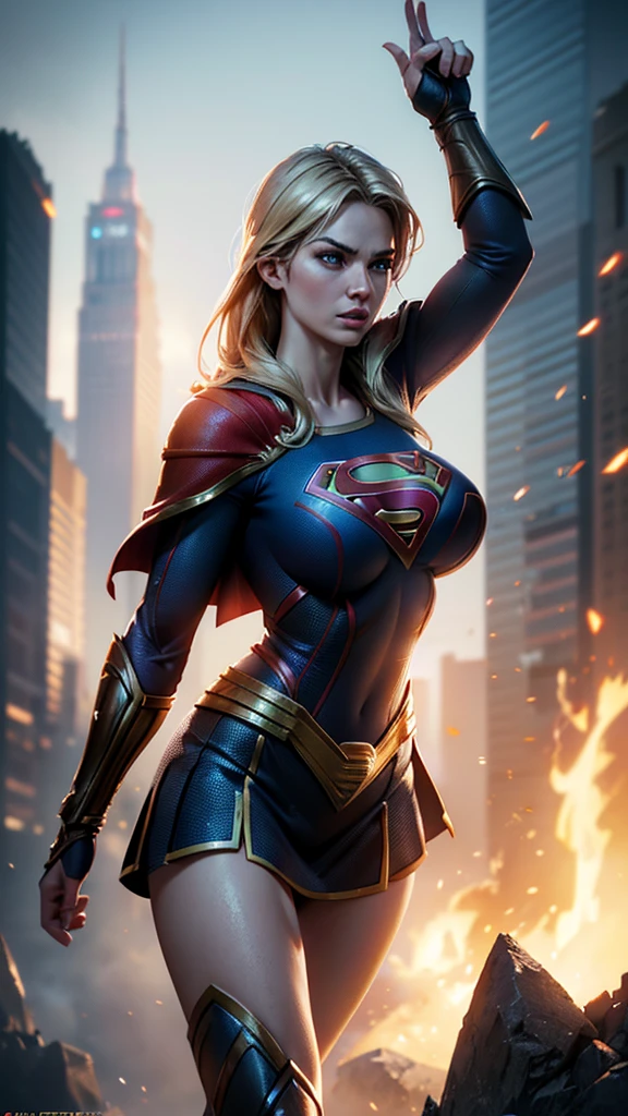 Warrior Supergirl. battle pose. intricate, hyper-maximalist, elegant, hyper realistic, epic high details, full details, high resolution, dynamic slight blue lighting, rendering, realism, Photo-realistic, ultra realistic, octane render, unreal engine, hyper detailed, volumetric lighting, 8k reality, cinematic, (huge breasts:1.2),