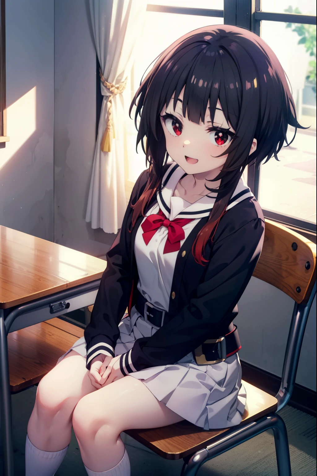 konosubaMegumin, Megumin, short hair, Black Hair, (Red eyes:1.3), short hair with long locks,happy smile, smile, Open your mouth,
White sailor suit,Black cardigan,White Thailand,Red blazer,Red pleated skirt,White knee-high socks,Black Loafers,Sitting in a chair,There is a textbook on the desk,So that the whole body goes into the illustration,
Destroy Outdoor, School　classroom,crowd, people々々,
壊す looking at viewer, Systemic
break (masterpiece:1.2), highest quality, High resolution, unity 8k wallpaper, (shape:0.8), (Fine and beautiful eyes:1.6), Highly detailed face, Perfect lighting, Highly detailed CG, (Perfect hands, Perfect Anatomy),