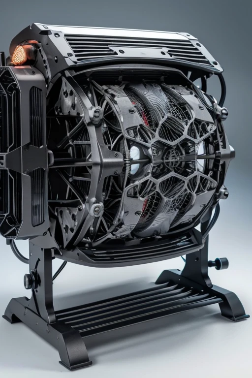5Shaft processing machine, aluminium, Generative Design, High detail, High brightness, Real, highest quality, Ultra-high resolution, A close-up of a 3D printed motorcycle engine, generative design, Surreal bone structure, Mesh structure, Hard surface model, Hard surface modeling, Hard surface modelling, Detailed mechanical design, Hard Surface Modeling, 3D Hard Surface Design, Detailed body structure, Parametric Structure, Very detailed and complex, voronoi, Complex parts, Mixer for hard surfaces