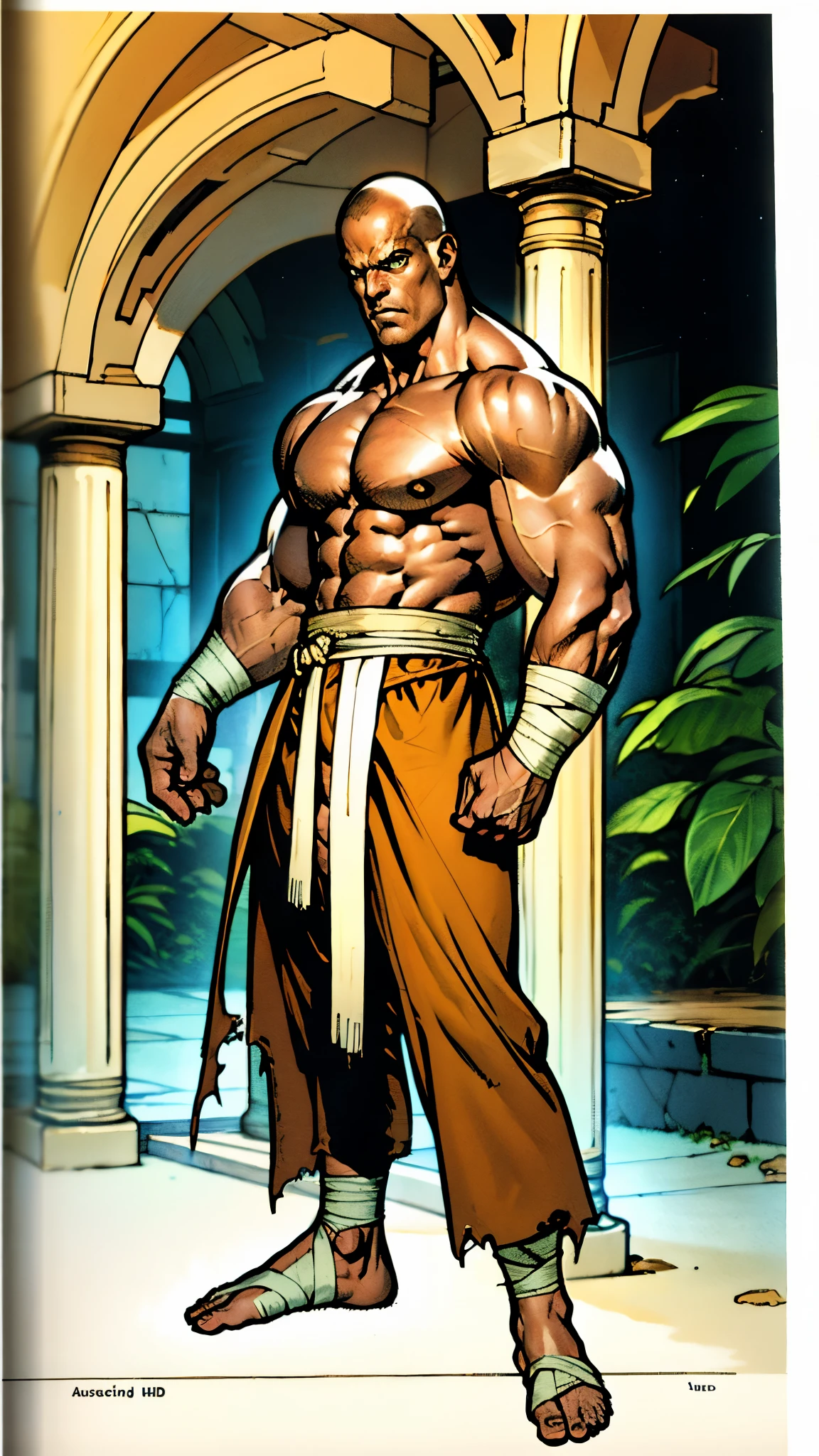 A man with a brown crew cut, upturned thick eyebrows, green eyes, a determined expression, long face, well-defined features, tall and muscular physique, a fantasy-style monk's robe, a torn collar revealing his sturdy chest muscles, bandages wrapped around his abdomen, kung fu pants, stands before a mystical mountain temple, this character embodies a finely crafted fantasy-style martial monk in anime style, exquisite and mature manga art style, high definition, best quality, highres, ultra-detailed, ultra-fine painting, extremely delicate, professional, perfect body proportions, golden ratio, anatomically correct, symmetrical face, extremely detailed eyes and face, high quality eyes, creativity, RAW photo, UHD, 32k, Natural light, cinematic lighting, masterpiece-anatomy-perfect, masterpiece:1.5