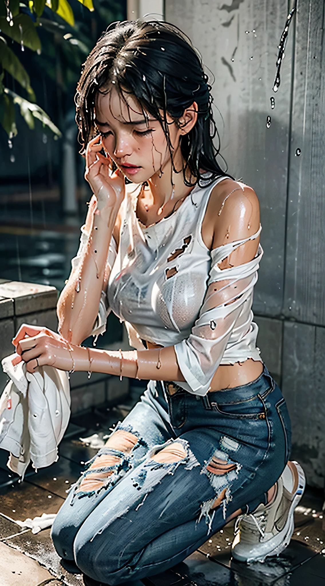 best image quality, masterpiece, super high resolution, (fidelity:1.4), photo, 1 girl, white shirt, torn jeans, white sneakers, dim, darkness, despair, pity, poor, movie, tears, teardrops, (torn clothes:1.5), (wet clothes:1.4), bare shoulders, real rain, wet hair,..