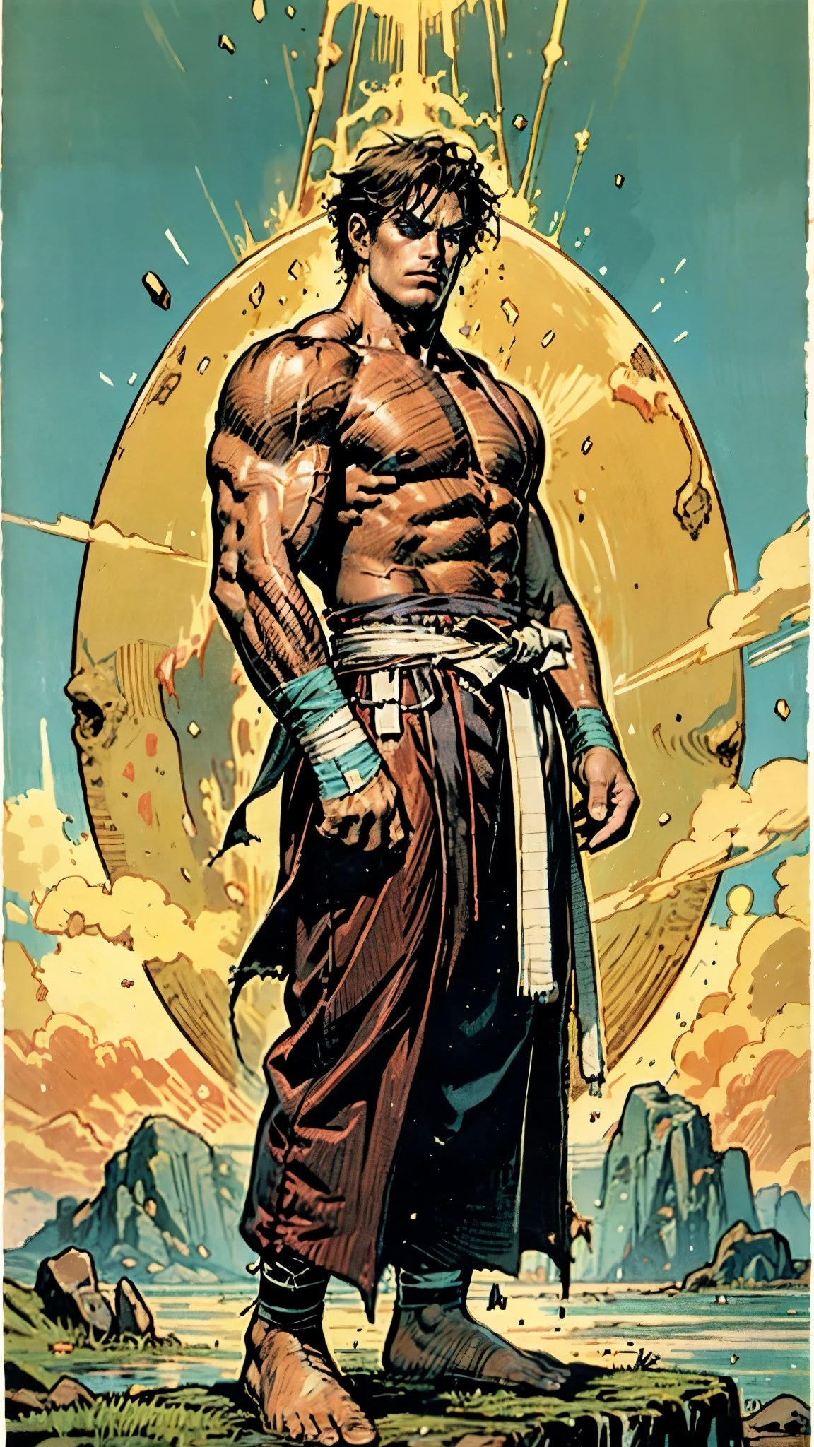 A man with a brown crew cut, upturned thick eyebrows, green eyes, a determined expression, long face, well-defined features, tall and muscular physique, a fantasy-style monk's robe, a torn collar revealing his sturdy chest muscles, bandages wrapped around his abdomen, kung fu pants, stands before a mystical mountain temple, this character embodies a finely crafted fantasy-style martial monk in anime style, exquisite and mature manga art style, high definition, best quality, highres, ultra-detailed, ultra-fine painting, extremely delicate, professional, perfect body proportions, golden ratio, anatomically correct, symmetrical face, extremely detailed eyes and face, high quality eyes, creativity, RAW photo, UHD, 32k, Natural light, cinematic lighting, masterpiece-anatomy-perfect, masterpiece:1.5