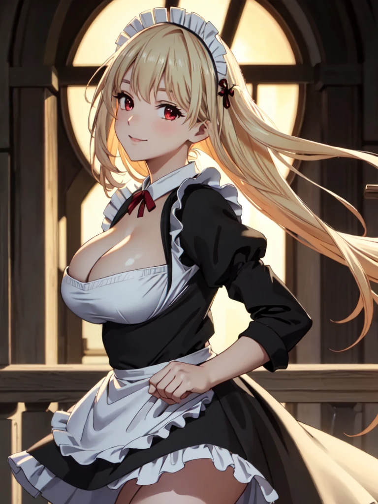 masterpiece, best quality, ultra detailed, highres, extremely detailed CG unity 8k wallpaper, perfect lighting,  very detailed background, Outdoor、beautiful and aesthetic,sharp focus, perfect face, Perfect hands、Perfect Fingers、Perfect toes、Five fingers、
1lady、 smiling、
Short blonde, large red eyes、delicate oval face、(large breasts)、Looking up at the viewer、cleavage、
(Black maid outfit:1.5)、Ambient light、Volumetric Light、shoot from side、(Glowing Skin:1.3)