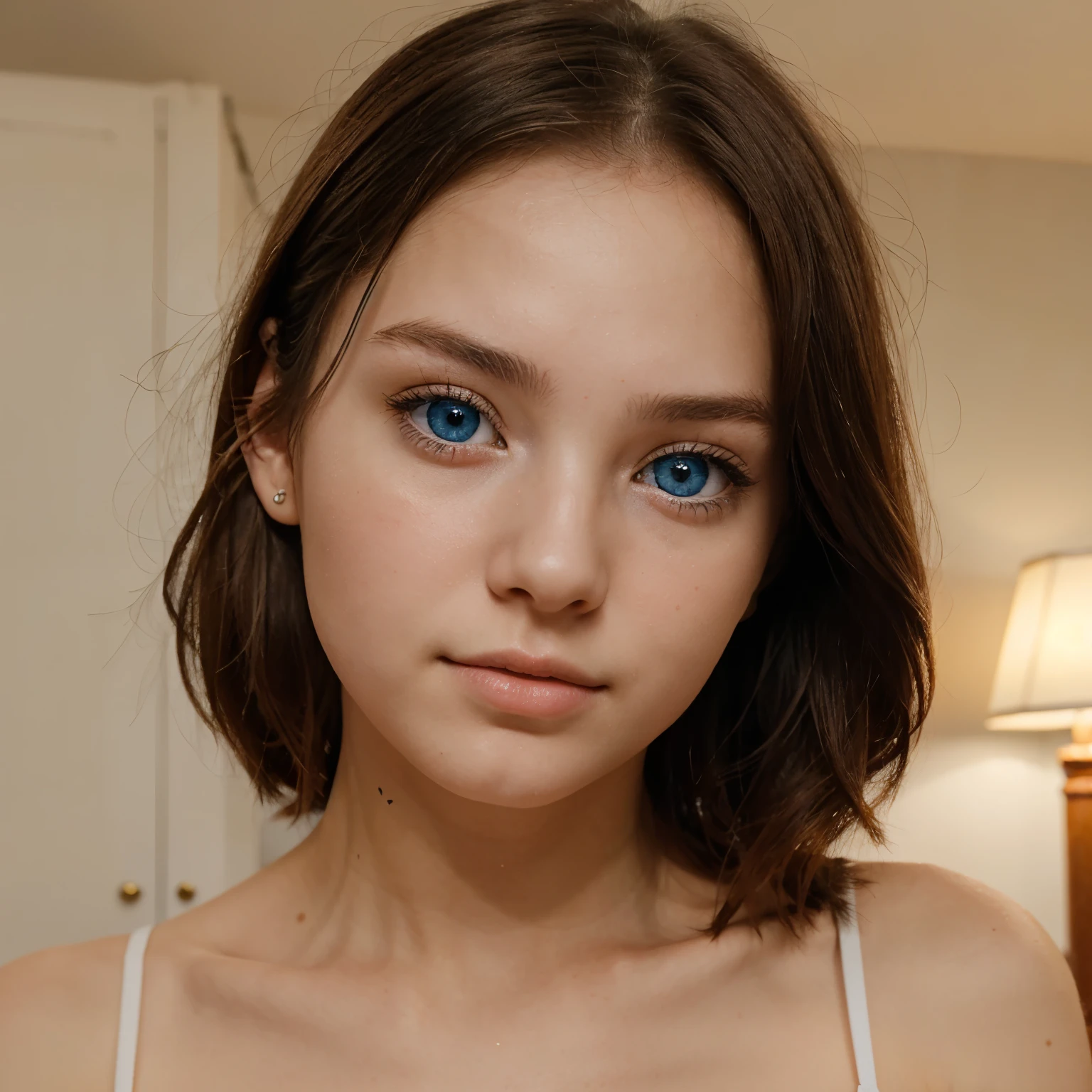 A photography of a 22 years old girl with blue eyes , small pinched nose , small ears, fair and clear skin 