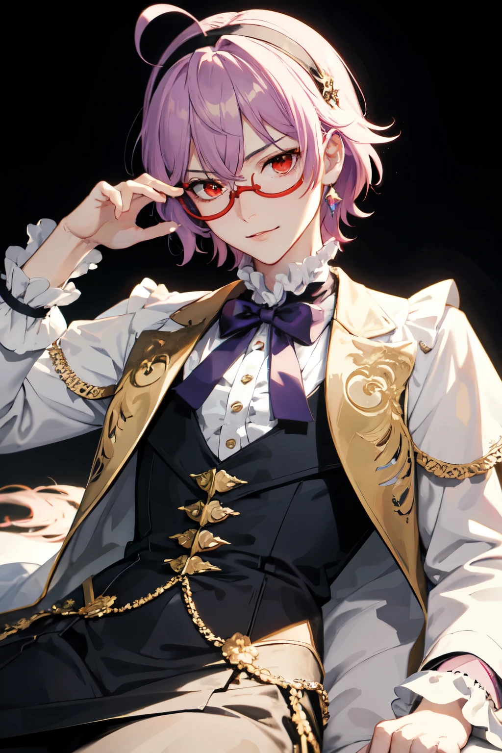 masterpiece, (best quality), highly detailed, (((1boy))), ((androgynous pretty boy)), solo, ahoge, black hairband, (detailed face:1.2), ((red glasses:1.4)), short hair, unkempt hairstyle, ((pale purple hair)), messy bangs, (red eyes), tufts of hair, smirking, ((fgo ascension art)), gold trimmed capelet, ((black neck ribbon with crystal)), dramatic, art nouveau background, pose, laying down, ((victorian)), fantasy, ruffled shirt collar, vest, seductive