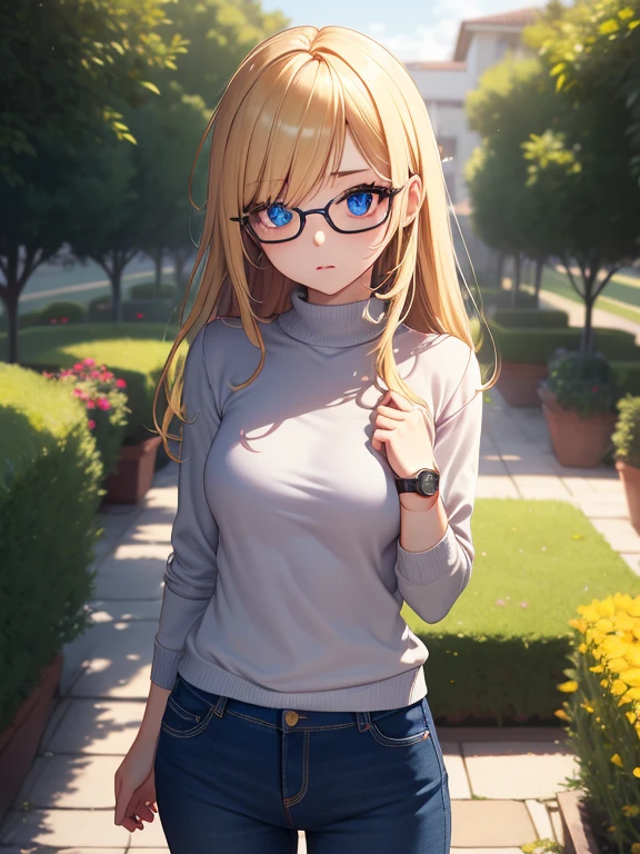 (masterpiece, best quality, high resolution, 8k), cowboy shot, BREAK, girl style anime, well defined eyes, high definition eyes, perfect body, perfect anatomy, eyelashes and black shadow under the eyes, detailed, round eyes with eyelashes and highlighted eye shadow, BREAK, wearing blue glasses, brown light eyes, two color in her hair, in front blonde hair, black rest of the hair, wearing sweater blue, with watch on her hands, small breast, BREAK, stand up in front of viewer in a garden
