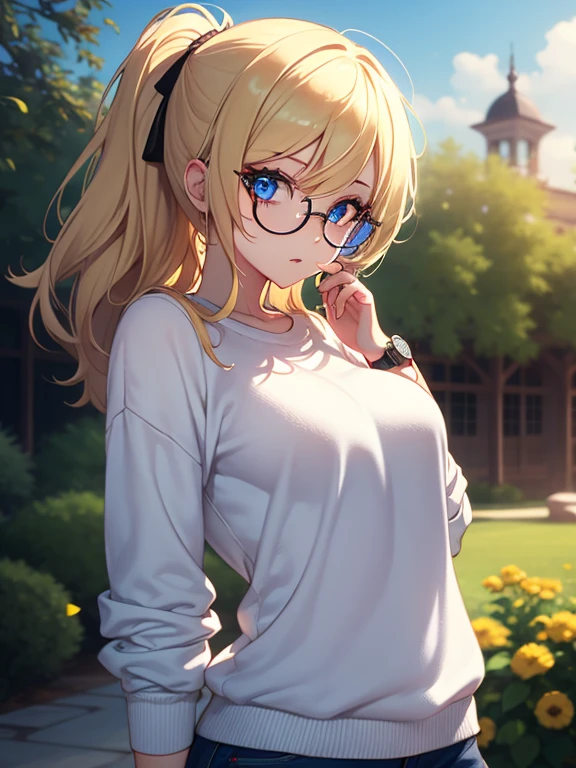 (masterpiece, best quality, high resolution, 8k), cowboy shot, BREAK, girl  style anime, well defined eyes, high definition eyes, perfect body, perfect anatomy, eyelashes and black shadow under the eyes, detailed, round eyes with eyelashes and highlighted eye shadow, BREAK, wearing blue glasses, brown light eyes, two color in her hair, in front blonde hair, black rest of the hair, wearing sweater blue, with watch  on her hands, small  breast, BREAK, stand up in front of viewer in a garden