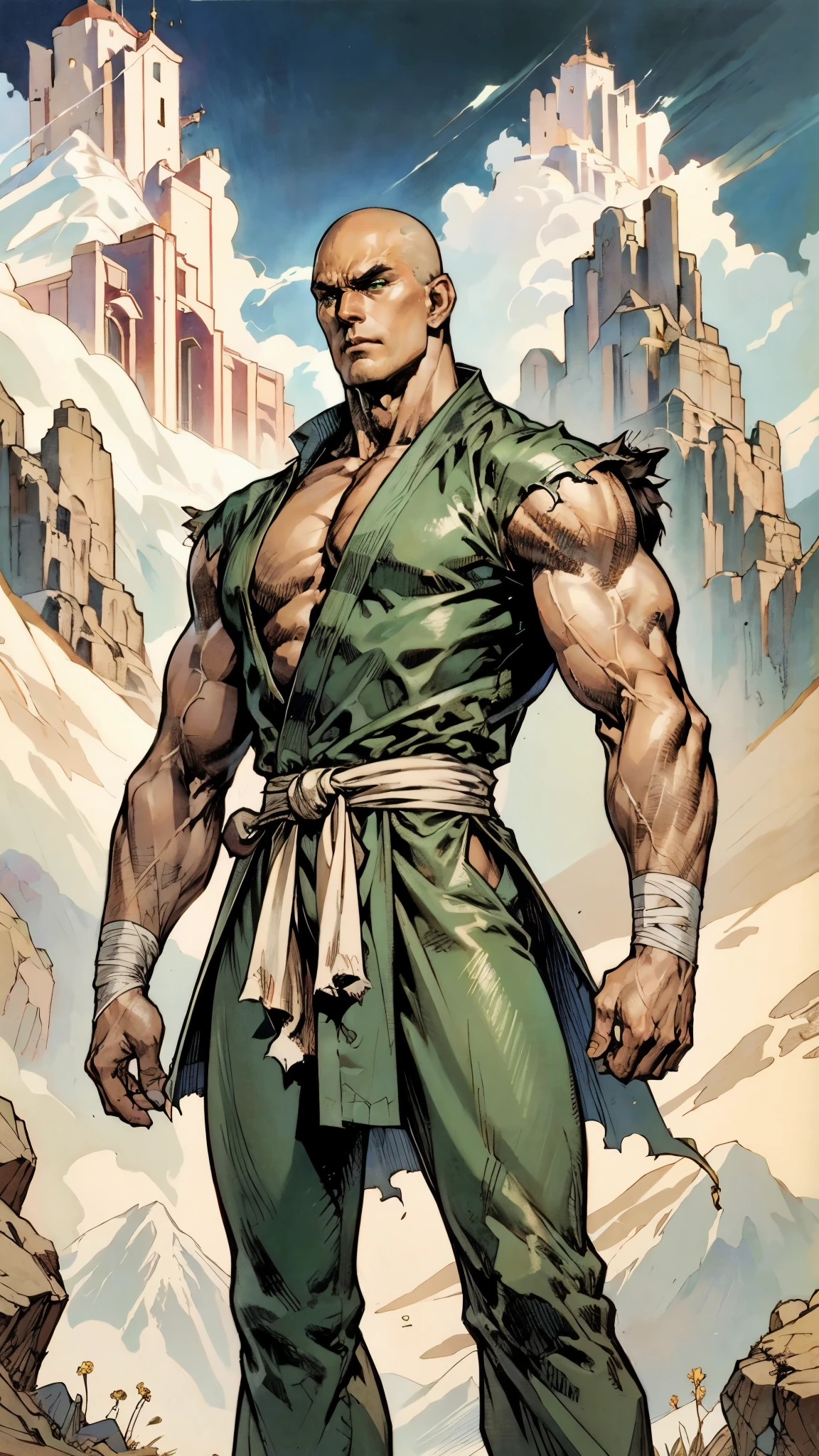 A man with a brown crew cut, upturned thick eyebrows, green eyes, a determined expression, long face, well-defined features, tall and muscular physique, a fantasy-style monk's robe, a torn collar revealing his sturdy chest muscles, bandages wrapped around his abdomen, kung fu pants, stands before a mystical mountain temple, this character embodies a finely crafted fantasy-style martial monk in anime style, exquisite and mature manga art style, high definition, best quality, highres, ultra-detailed, ultra-fine painting, extremely delicate, professional, perfect body proportions, golden ratio, anatomically correct, symmetrical face, extremely detailed eyes and face, high quality eyes, creativity, RAW photo, UHD, 32k, Natural light, cinematic lighting, masterpiece-anatomy-perfect, masterpiece:1.5