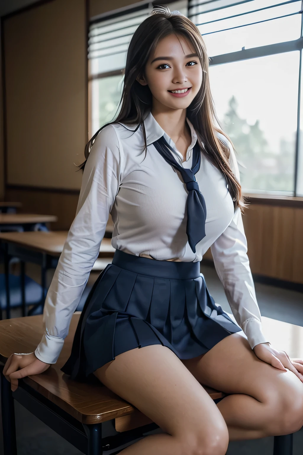 ((japanse beatiful girl:1.3)) ((school uniforms:1.4)) ((panty shot:1.5)) ((high school)),((dark blue skirt:1.3)) ((in the class room:1.3)) ((thin_fabric:1.4)) ((random sexy pose:1.3)) ((sweaty:1.5))((face is flushed:1.4)) ((big breasts:1.4)) ((close-up:1.2)) best quality,masterpiece,ultra high res,(photorealistic:1.4),raw photo,(Authentic skin texture:1.3),(film grain:1.3),panorama,character portrait,very wide shot,narrow waist,cowboy shot,(in the dark, deep shadow, low key, cold light,) night,(()),streaming tears,,dust,Tyndall effect,(expression),1girl,beautiful detailed eyes and face,white jabot,brown eyes,((brown hair:1.2)) ((full body:1.3)) ((smile:1.3))