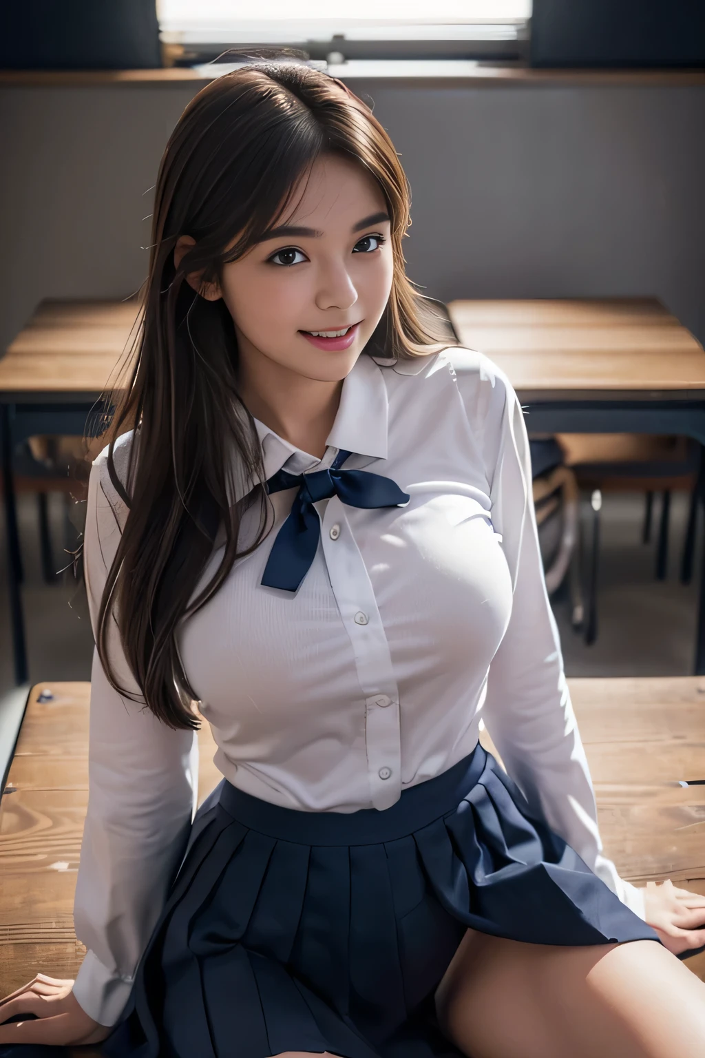 ((japanse beatiful girl:1.3)) ((school uniforms:1.4)) ((panty shot:1.5)) ((high school)),((dark blue skirt:1.3)) ((in the class room:1.3)) ((thin_fabric:1.4)) ((random sexy pose:1.3)) ((sweaty:1.5))((face is flushed:1.4)) ((big breasts:1.4)) ((close-up:1.2)) best quality,masterpiece,ultra high res,(photorealistic:1.4),raw photo,(Authentic skin texture:1.3),(film grain:1.3),panorama,character portrait,very wide shot,narrow waist,cowboy shot,(in the dark, deep shadow, low key, cold light,) night,(()),streaming tears,,dust,Tyndall effect,(expression),1girl,beautiful detailed eyes and face,white jabot,brown eyes,((brown hair:1.2)) ((full body:1.3)) ((smile:1.3))
