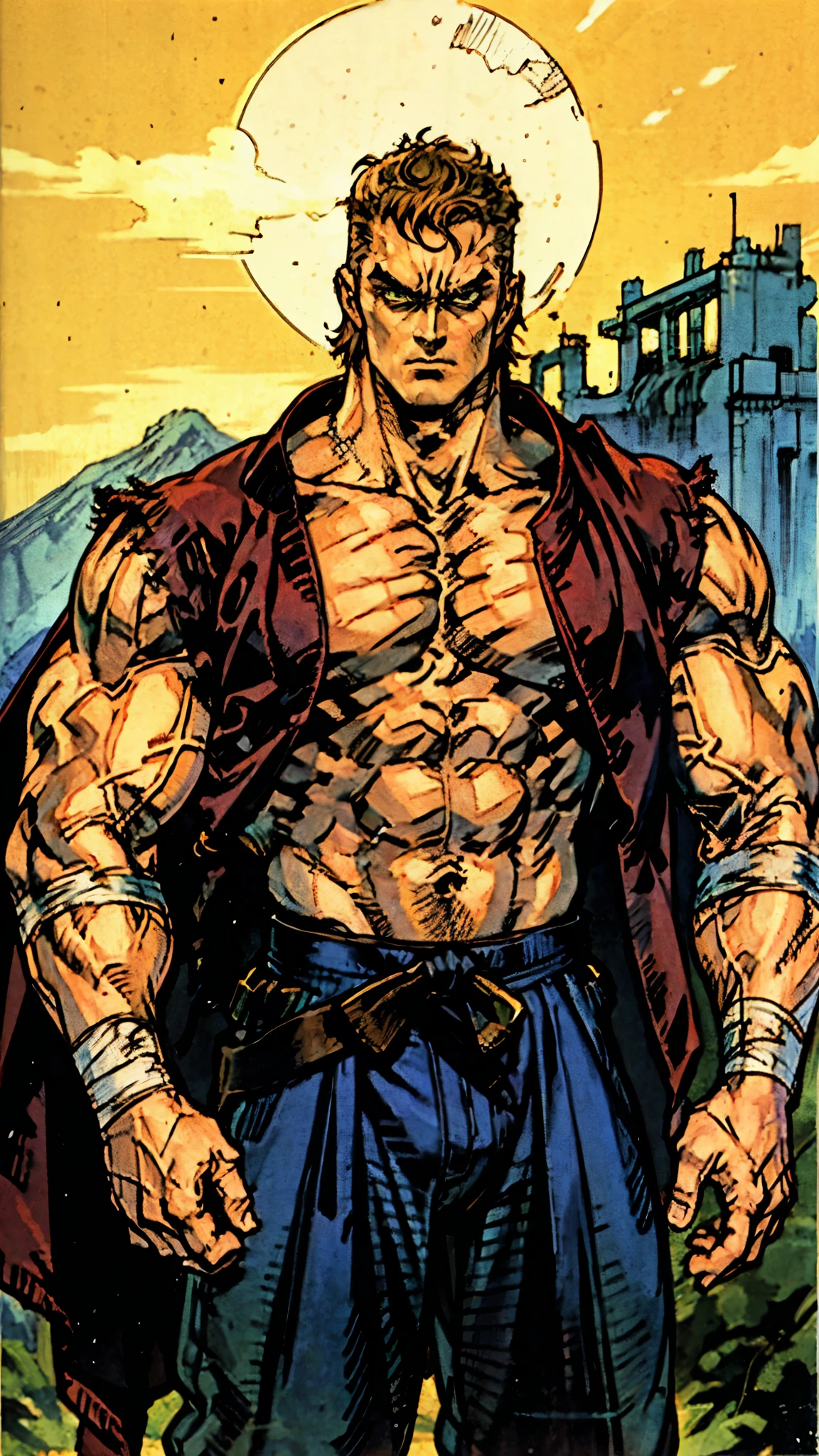 A man with a brown crew cut, upturned thick eyebrows, green eyes, a determined expression, long face, well-defined features, tall and muscular physique, a fantasy-style monk's robe, a torn collar revealing his sturdy chest muscles, bandages wrapped around his abdomen, kung fu pants, stands before a mystical mountain temple, this character embodies a finely crafted fantasy-style martial monk in anime style, exquisite and mature manga art style, high definition, best quality, highres, ultra-detailed, ultra-fine painting, extremely delicate, professional, perfect body proportions, golden ratio, anatomically correct, symmetrical face, extremely detailed eyes and face, high quality eyes, creativity, RAW photo, UHD, 32k, Natural light, cinematic lighting, masterpiece-anatomy-perfect, masterpiece:1.5