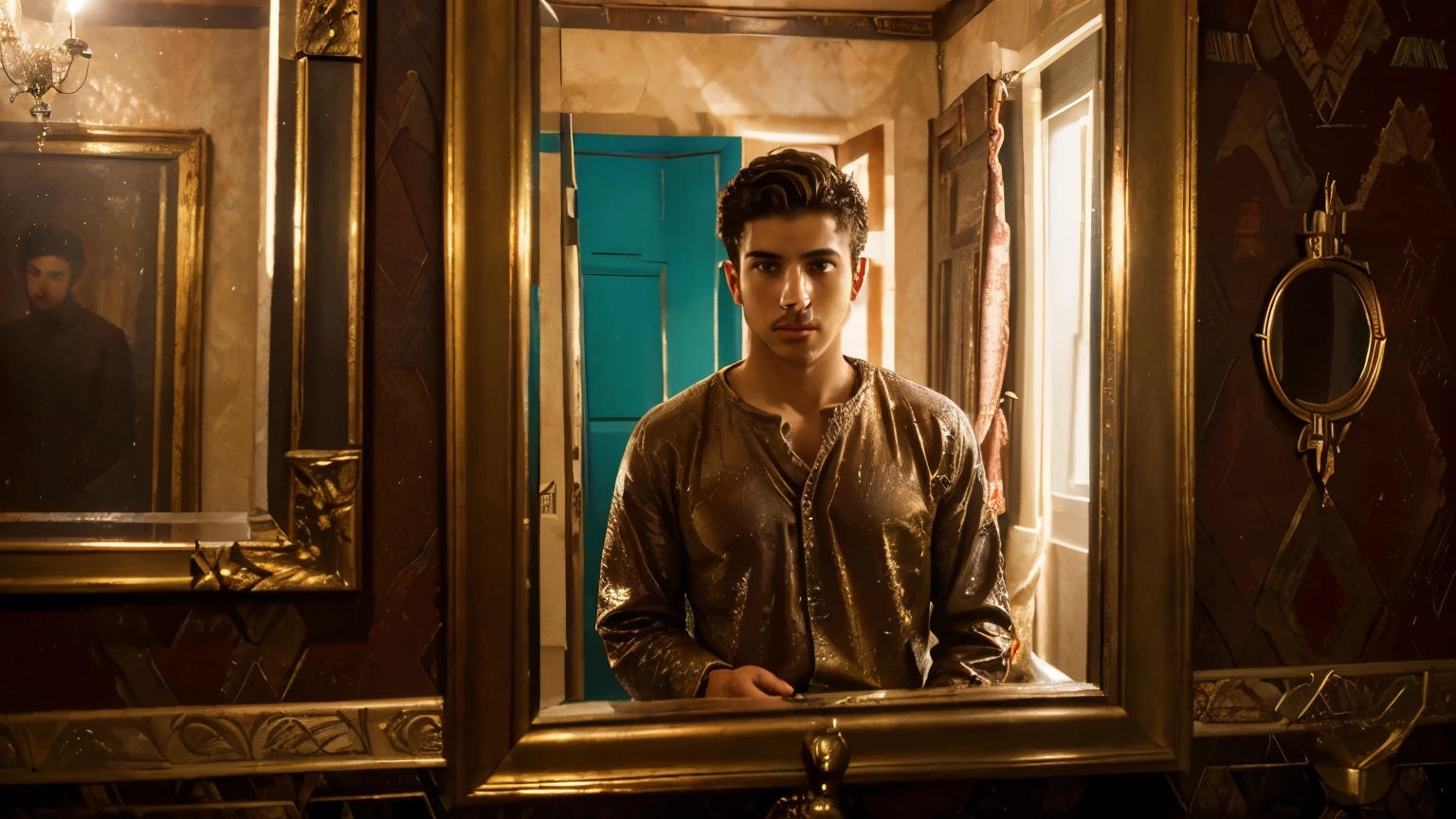 (young Jewish man staring into the mirror in a house, ancient Judea), (oil painting), (vibrant brush strokes, detailed textures, rich colors), (best quality, 4k resolution, high resolution: 1.2), (emotional, dramatic, (warm tones, earth colors), (soft, diffuse lighting)