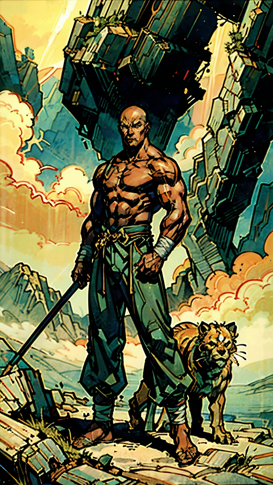 A man with a brown crew cut, upturned thick eyebrows, green eyes, a determined expression, long face, well-defined features, tall and muscular physique, a fantasy-style monk's robe, a torn collar revealing his sturdy chest muscles, bandages wrapped around his abdomen, kung fu pants, stands before a mystical mountain temple, this character embodies a finely crafted fantasy-style martial monk in anime style, exquisite and mature manga art style, high definition, best quality, highres, ultra-detailed, ultra-fine painting, extremely delicate, professional, perfect body proportions, golden ratio, anatomically correct, symmetrical face, extremely detailed eyes and face, high quality eyes, creativity, RAW photo, UHD, 32k, Natural light, cinematic lighting, masterpiece-anatomy-perfect, masterpiece:1.5