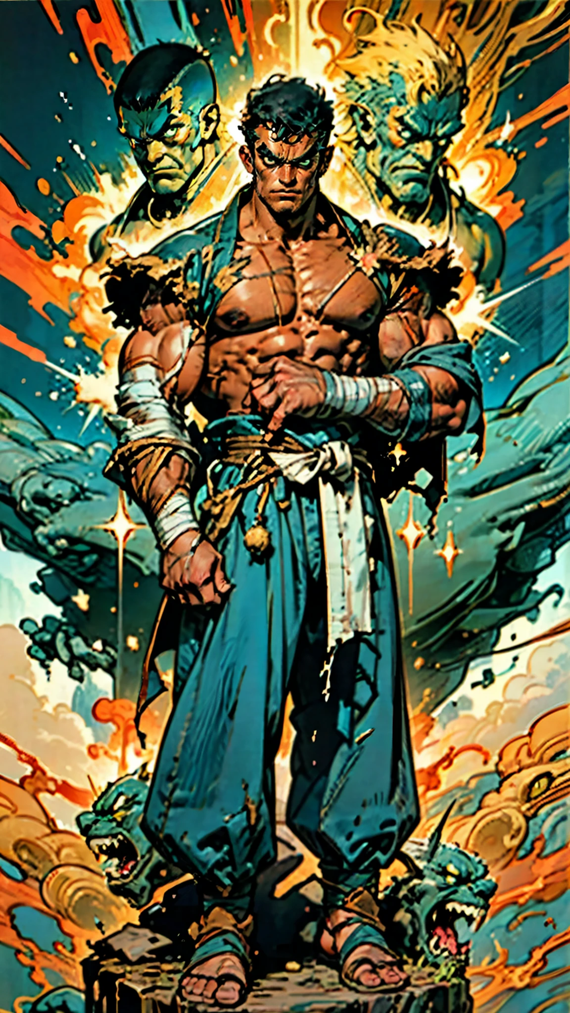 A man with a brown crew cut, upturned thick eyebrows, green eyes, a determined expression, long face, well-defined features, tall and muscular physique, a fantasy-style monk's robe, a torn collar revealing his sturdy chest muscles, bandages wrapped around his abdomen, kung fu pants, stands before a mystical mountain temple, this character embodies a finely crafted fantasy-style martial monk in anime style, exquisite and mature manga art style, high definition, best quality, highres, ultra-detailed, ultra-fine painting, extremely delicate, professional, perfect body proportions, golden ratio, anatomically correct, symmetrical face, extremely detailed eyes and face, high quality eyes, creativity, RAW photo, UHD, 32k, Natural light, cinematic lighting, masterpiece-anatomy-perfect, masterpiece:1.5