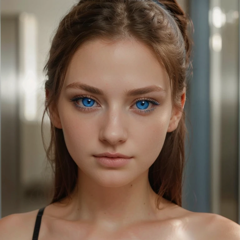 arafed woman with blue eyes and a black bra top, soft portrait shot 8 k, perfect face and eyes, blue eyes and a wide face, gorgeous young model, blue symmetric eyes 24yo, perfect face ), beautiful young girl, with bright blue eyes, perfect blue eyes, beautiful young face, with vivid blue eyes, blue piercing eyes , pinched nose