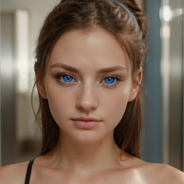 arafed woman with blue eyes and a black bra top, soft portrait shot 8 k, perfect face and eyes, blue eyes and a wide face, gorgeous young model, blue symmetric eyes 24yo, perfect face ), beautiful young girl, with bright blue eyes, perfect blue eyes, beautiful young face, with vivid blue eyes, blue piercing eyes , pinched nose