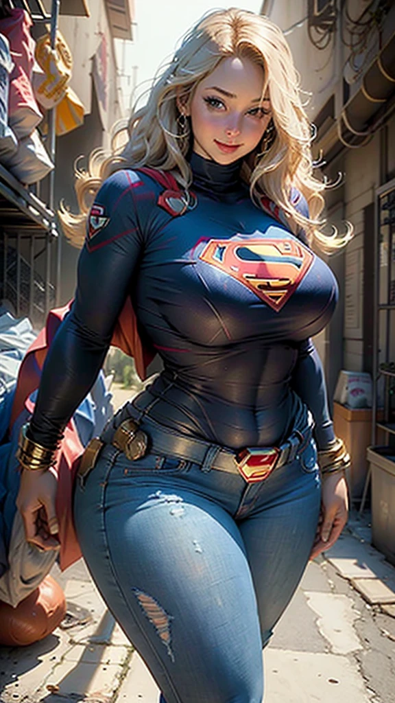 masterpiece，Best quality at best, Supergirl corpo definido coxas grossas, short jeans, loira de olhos azuis, Superman S symbol on chest, rosto detalhado, linda, sorriso lindo. (chubby:1.3), (huge breasts:1.2),