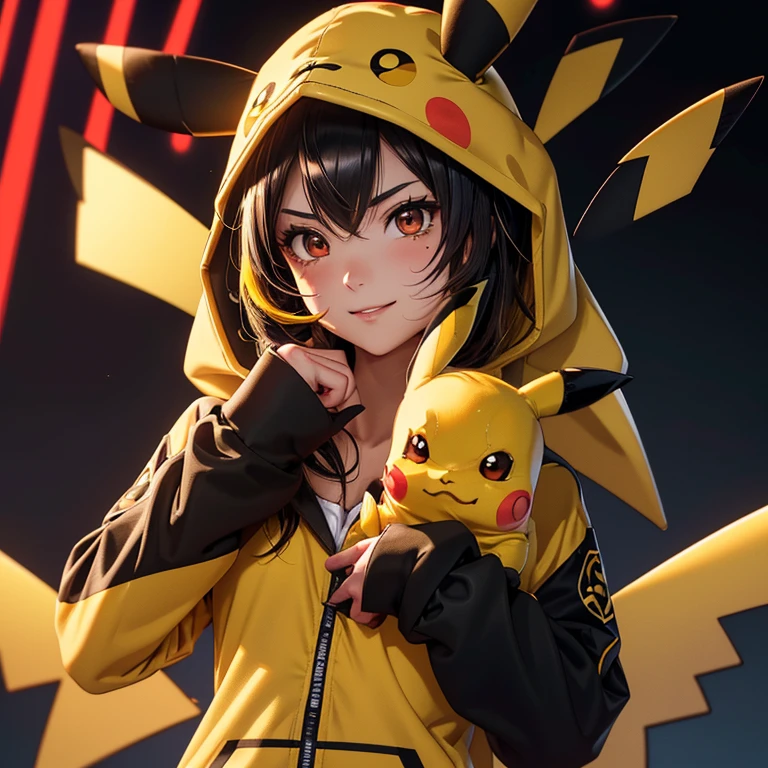 Alone, a girl (wearing Pikachu kigurumi: 1.4), (open lace: 1.2), (Pikachu kigurumi, black and yellow: 1.4), holding a pokeball, Detailed Anime Background, Background pokemon gym, break (Black hair, hair messy with highlights, yellowish locks, hair color: 1.4), (beautiful and detailed red eyes: 1.3), red lips, (smile: 1.2), snake-like lower part, (shiny skin: 1.2), skin with organic anatomical shape , correct texture, Cinematic lighting, vivid colors, contour shading, motion lines, ray tracing, intricate details, masterpiece, High definition, 8K, best image quality, high resolution, 4K, HDR, ultra detailed, Depth field.
