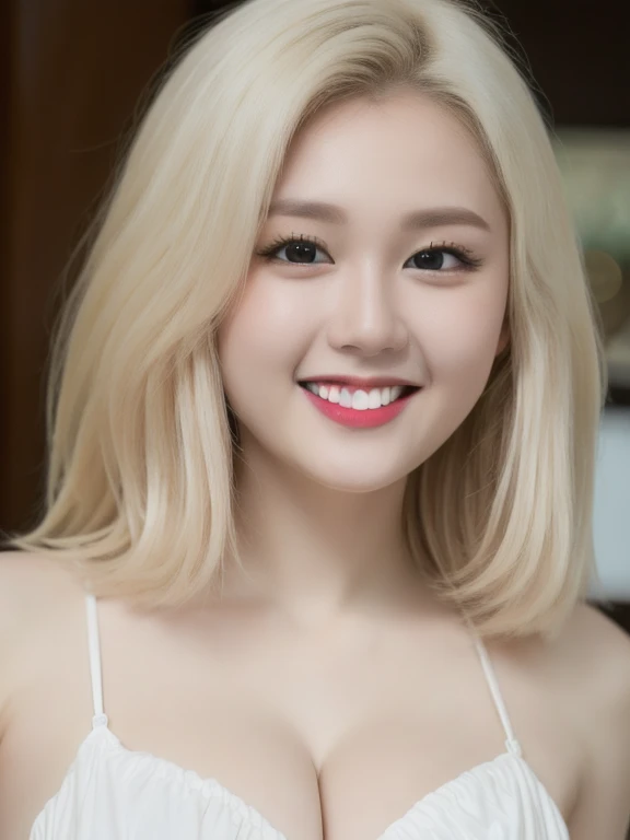 (realistic、masterpiece、Best Quality、8K、highres、high resolution:1.3)、1 girl、Huge breasts、smile, white bikini、pale white skin、looking at viewers、super fine face and eyes、long blonde hair、indoor、 upper body、
